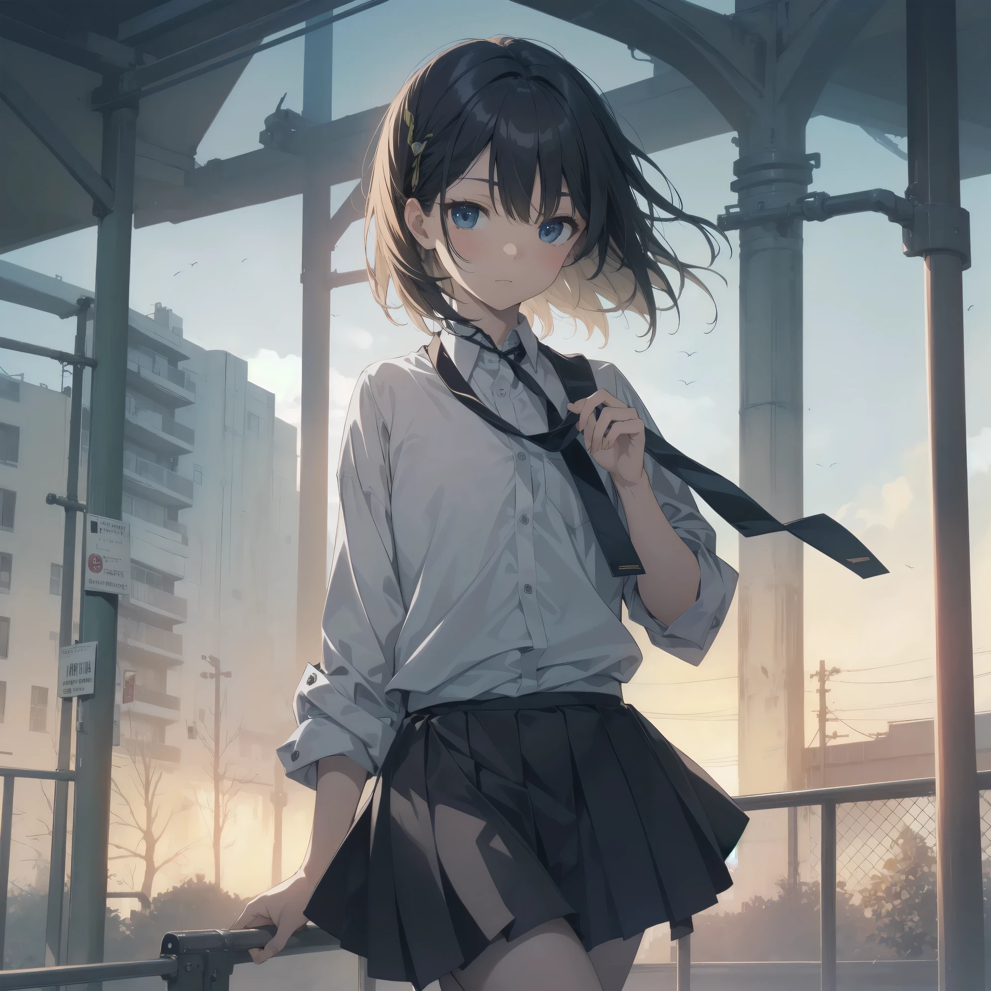 Super absurd quality by the god of art, super detailed, High resolution, anime moe art style, Best Anime 8K Kona-chan Wallpaper, pixiv contest winner, perfect anatomy, break, (眠そうにalone学校へ行く女の子を描いてください. )break,1 girl, (alone,little woman, cute face, :1.3),All limbs, full finger,, The charm of an immature body, (very_short hair), shortcut, Bang, flat chest, small ass, between legs, small black eyes, detailed and beautiful eyes, Well-proportioned iris and pupils, expressive eyes, High resolutionの詳細な髪, neck ribbon, shirt, collared shirt, skirt, pleated skirt, school uniform, (detailed lighting), (detailed background), On the way to school. break,super dense skin, Best cinematic lighting powered by famous artist, 8k,Beauty Illustration,photoshop_(Moderate),Absurd Hi-Res,Hmm,rough skin,break,((artist:Fujiyama)), artist:Fujichoko,artist:Yamamoto_Soichiro,artist:hanekoto