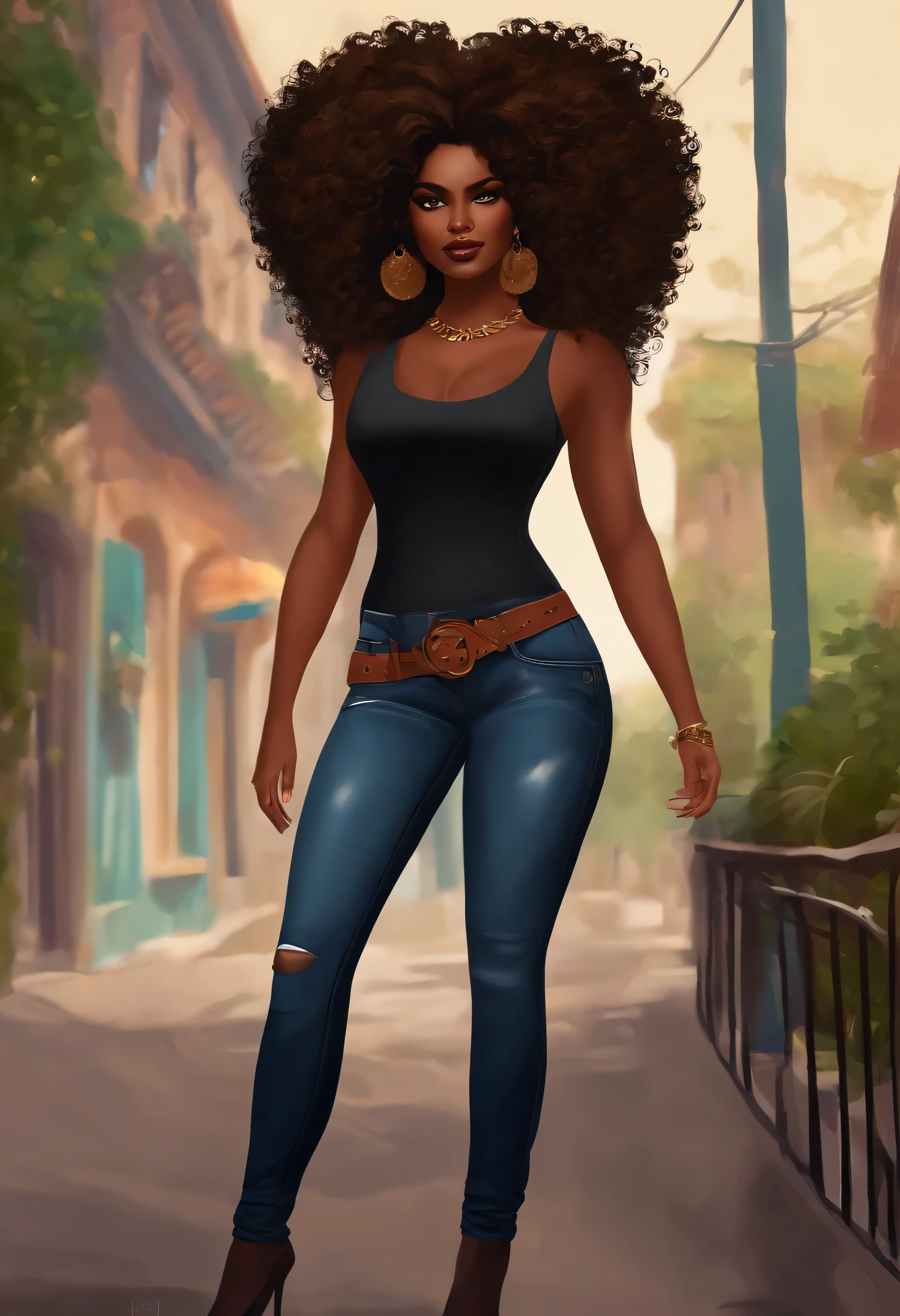 mulher negra, 165 centimeters, CABELOS LONGOS PRETOS, Black rock t-shirt and jeans, Power Style Animation curly big hair beautiful face high cheek bones eyes slanted tall body