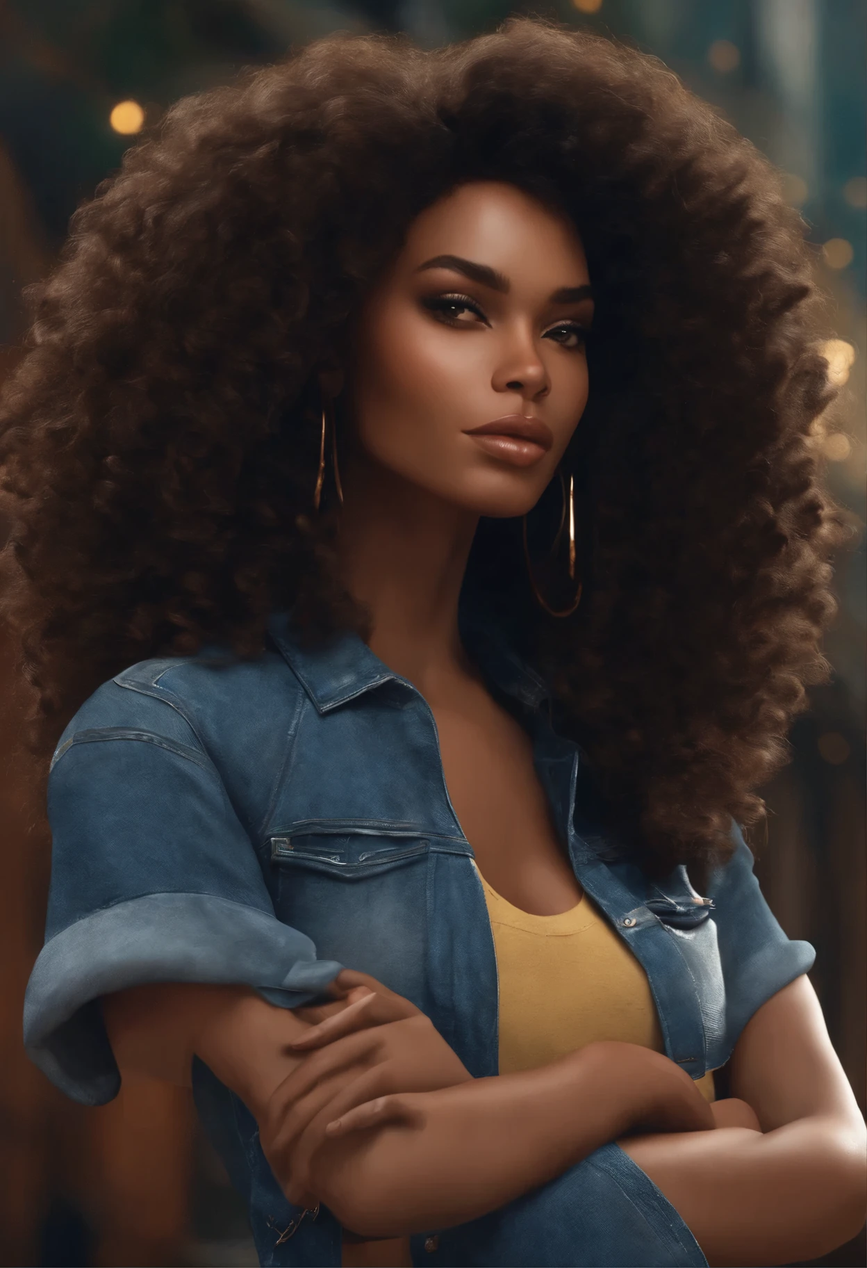 mulher negra, 165 centimeters, CABELOS LONGOS PRETOS, Black rock t-shirt and jeans, Power Style Animation curly big hair beautiful face high cheek bones eyes slanted tall body