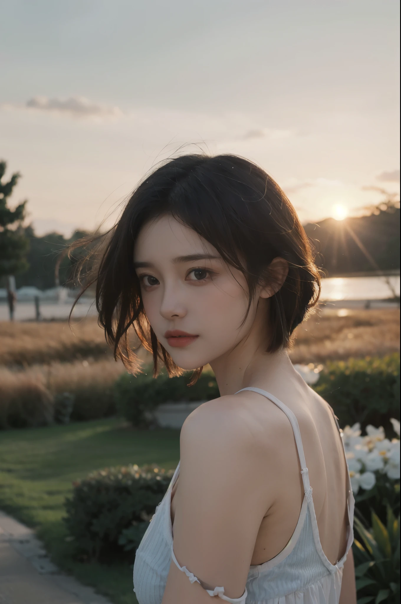 highest quality,masterpiece,ultra high resolution,realistic,RAW photo,unity 8k wallpaper, panorama, cinematic lighting,
on the grass, sunset, dappled sunlight, golden hour lighting, Backlight, blurred background, (Lens flare), Wind, pastel colour, soft light,
1 girl,floating short hair, elegant, Upper body,