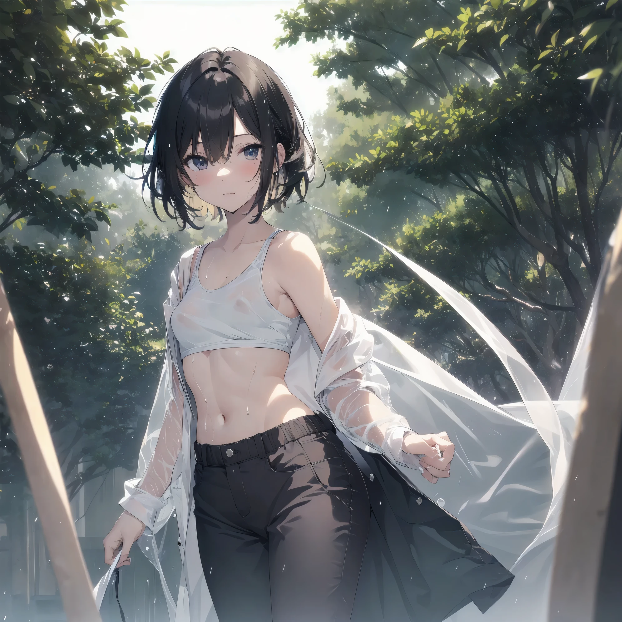 Super absurd quality by the god of art, super detailed, High resolution, anime moe art style, Best Anime 8K Kona-chan Wallpaper, pixiv contest winner, perfect anatomy, break,(NSFW,Please draw a picture of a girl wearing transparent clothes soaked in the rain., take shelter in the shade of a tree.),break,1 girl, (alone,little woman, cute face,:1.3),,, The charm of an immature body, (very_short hair), boyish short cut, bangs,(flat chest),Small Bodysuits, small ass, between legs, small eyes, small black eyes, detailed and beautiful eyes, Well-proportioned iris and pupils, expressive eyes, High resolutionの詳細な髪,(see-through tank top,shorts:1.2),Wet,(((Wet nipples are visible))) ,blush, Rainy,(detailed lighting), (detailed background), Inside the school. break,super dense skin, Best sexual lighting powered by famous artist, 8k,Erotic illustration,photoshop_(Moderate),Absurd Hi-Res,Hmm,rough skin,break,((artist:dark black,)) artist:Courges_ace , artist:mitsumi misato,artist:akinashi yuu
