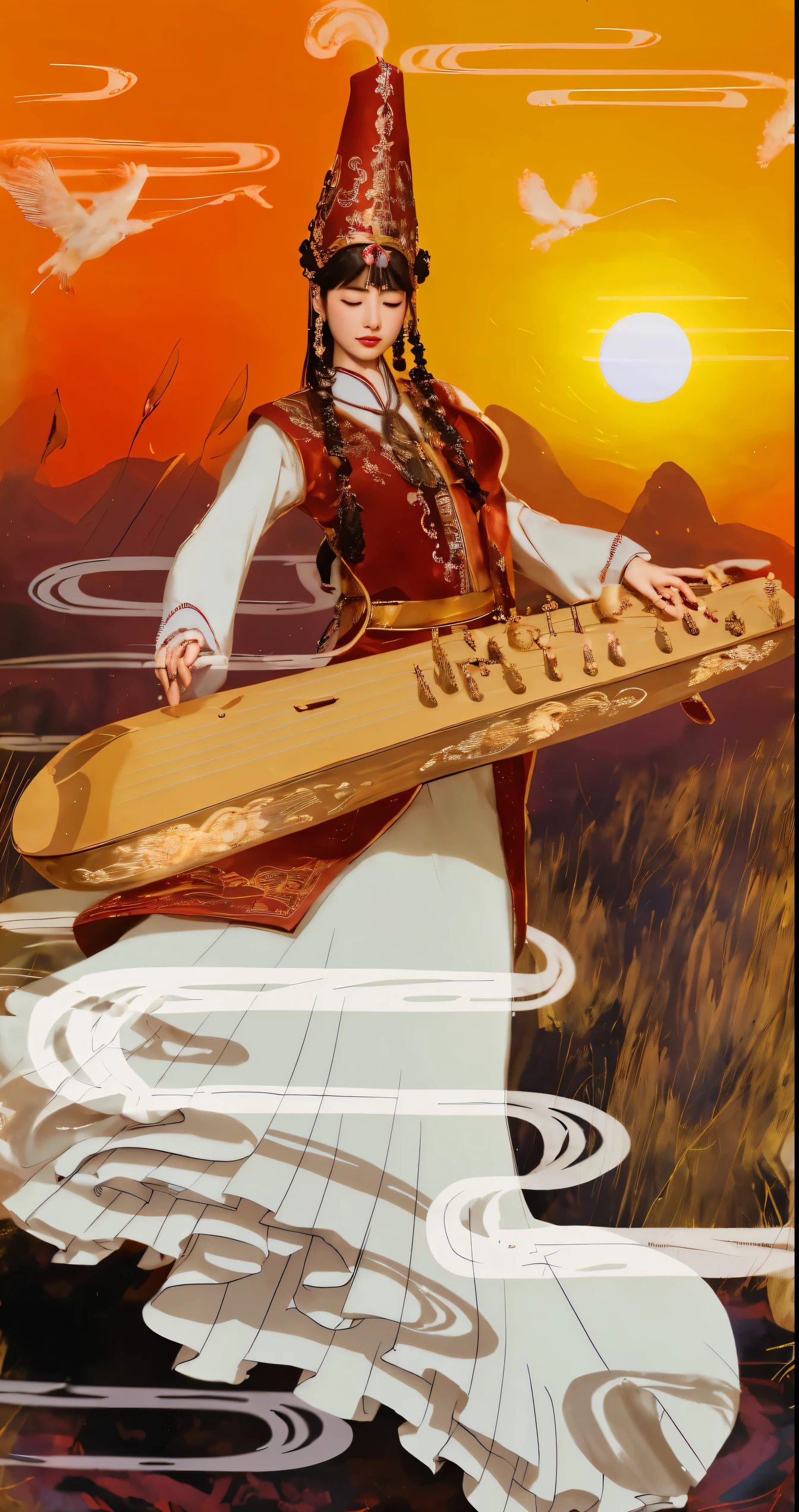 Girl wearing Xinjiang costume playing musical instrument,People with closed eyes,On the steppe at dusk, inspired by land base, inspired by Yang Buzhi, Z style art, Illustrations inspired by Persian folklore, Inspired by Song Maojin, Inspired by Ji Yunfei, Persian folk storytelling art style, A beautiful artistic illustration, With Xinjiang art style, Detailed cloud,Detailed distant mountains,Detailed steppe. (best quality, 4k, 8k, high resolution, masterpiece:1.2), super detailed, (actual, photoactual, photo-actual:1.37), high dynamic range, ultra high definition, studio lighting, Ultra-fine painting, sharp focus, Physically based rendering, extremely detailed description, professional, bright colors, Bokeh, portrait, landscape,, Science fiction, photography, concept artist, Vibrant shades, Picturesque lights.
