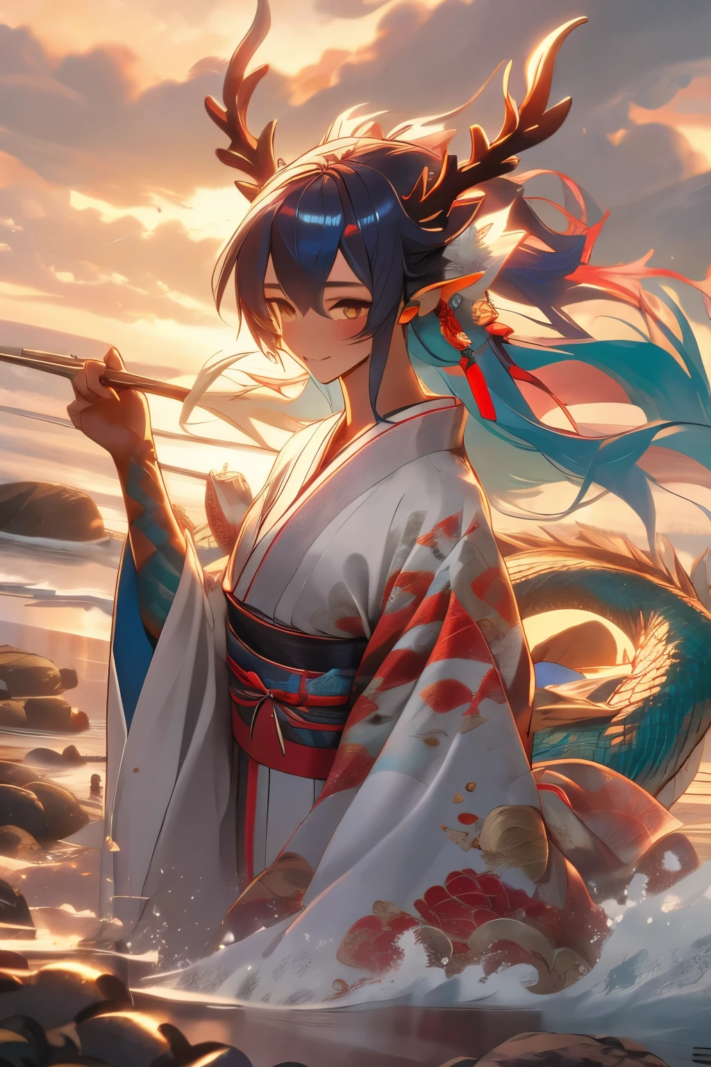 Young adult woman, long aqua colored hair, very small blue antlers, thin blue eastern dragon tail, dark blue scales on her back, silver eyes, small pointed ears, long blue kimono with ocean theme, dominant colors in image blue and white