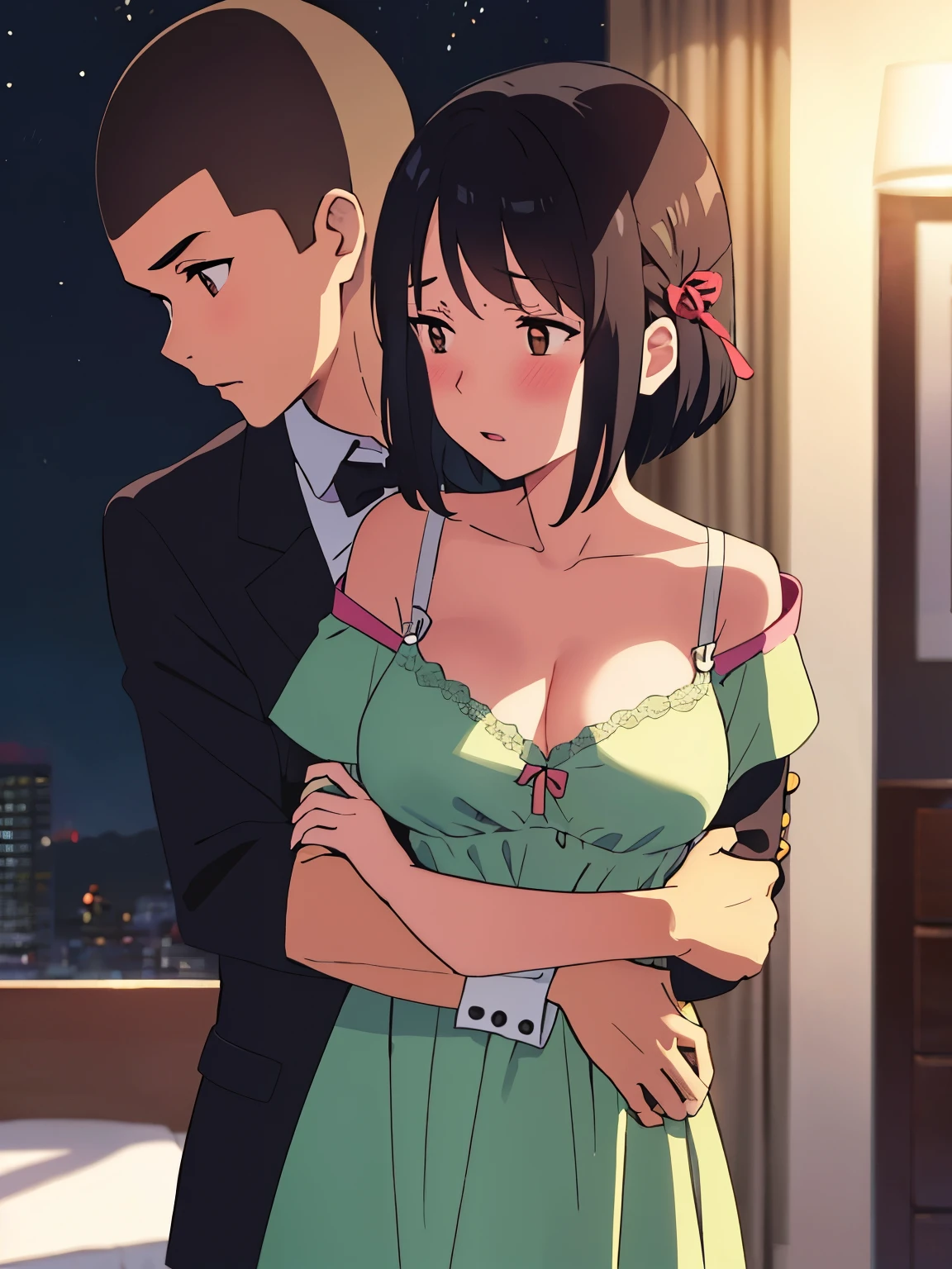 1boy, tuxedo, buzzcut, boy behind girl, touching chest, breatsgrope from behind, grab, grabbing chest,chestgrab behind back, hold breast, hug back, hugging, neck kiss, 1girl, bangs, black hair, blush, brown eyes, red headband, red ribbon, short hair, off shoulder, bra strap, off shoulder, light pink dress, cleavage, open mouth, medium breasts, bedroom, night, perfect anatomy