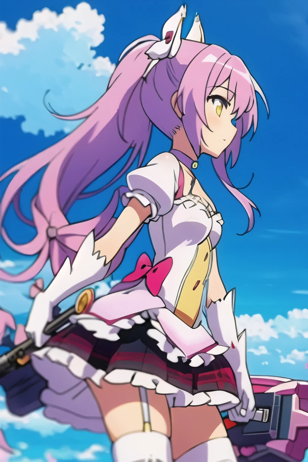 1girl, kaname madoka, solo, ultimate madoka, pink hair, long hair, gloves, dress, white gloves, white dress, breasts, weapon, pink thighhighs, two side up, bow (weapon), thighhighs, bow, cleavage cutout, clothing cutout, star (sky), white choker, parted lips, holding, very long hair, floating hair, holding weapon, sky, yellow eyes, hair bow, frills, frilled dress, starry sky, looking at viewer, holding bow (weapon), bangs, choker, short sleeves, cleavage, ribbon, hair ribbon, white ribbon, white bow, small breasts, pink eyes
