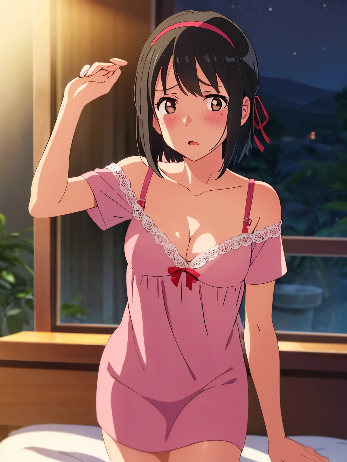 1girl, bangs, black hair, blush, brown eyes, red headband, red ribbon, short hair, off shoulder, bra strap, off shoulder, light pink dress, cleavage, open mouth, medium breasts, bedroom, night, perfect anatomy, sexy pose, looking at the viewer, solo, cowboyshot, worried eyes,