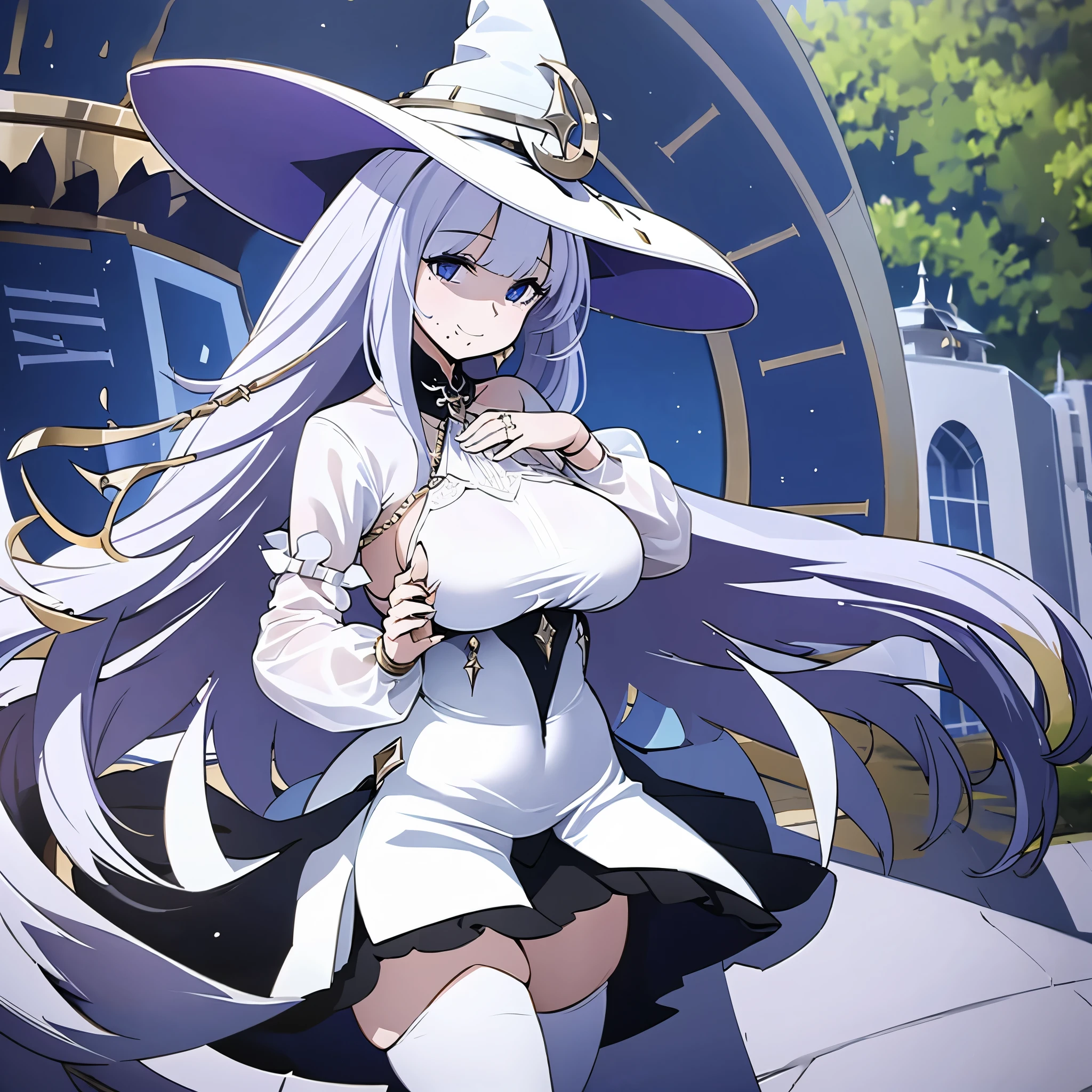 A woman wearing a white dress with a short skirt, women's long white stockings, a white witch's hat, lilac long weak hair, smiling, in a park
