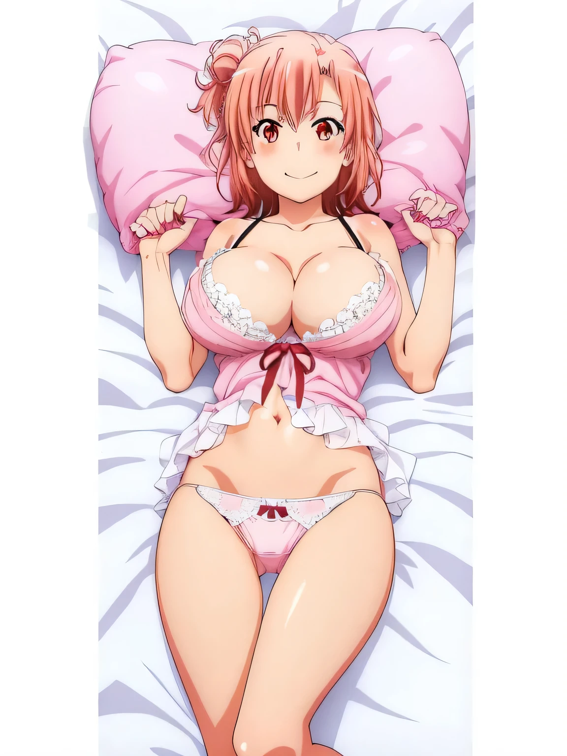 1 girl,((Yuigahama Yui) , Body pillow , underwear,white lace pink panties,high leg panties,big breasts,pink good,thighs,calf,whole body