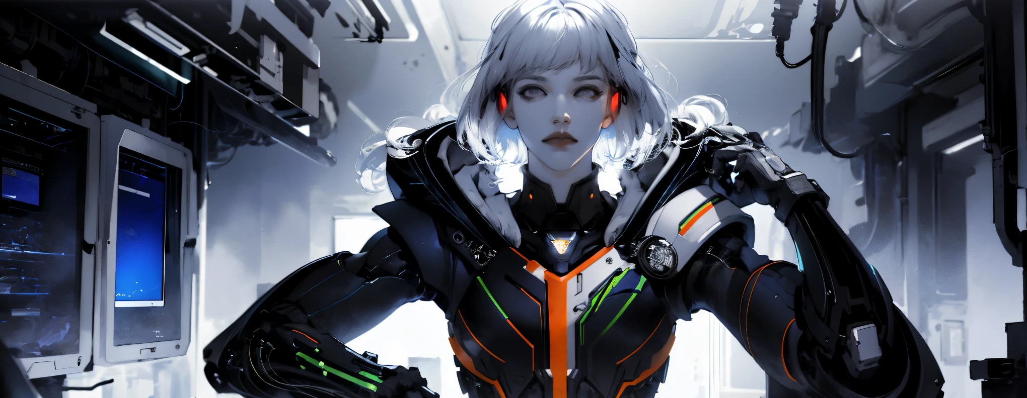 (absurd,high resolution,Super detailed),1 lady,((Half-length photo))black and white,Grayscale,line drawing,a mature woman,older,Long curly hair,White hair,black eyes,through bangs,long sleeves,Exquisite eyes and detailed face,Very detailed CG Unity 8k wallpaper,intricate details,sportswear, looking at the audience, solo, (Full body female love:0.6), detailed background, Detailed face, (matrix theme:1.1) High-tech futuristic hackers, Advanced technology, Hoodies, technical clothing, wearable devices, key card, cable, heads up display,blue(Holographic display:1.05),access rights,network,Server room in the background,orange light,Dark and sinister atmosphere,,sportswear,wind vortex