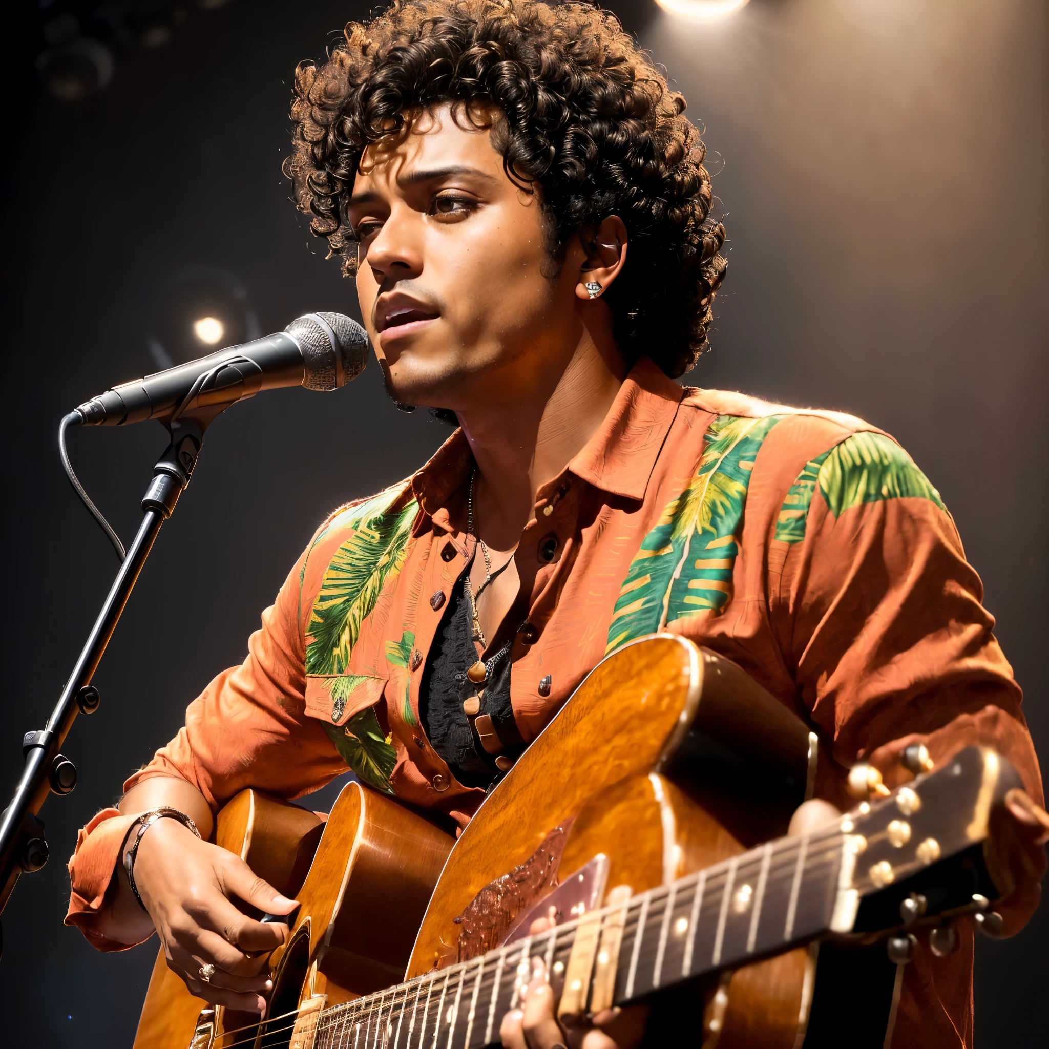 Photo of Bruno Mars, raw, Charismatic singer-songwriter, (Dark curly hair:1.3), Brown eyes, (Portrait:1.2), ((Detailed face:1.2)), ((Detailed facial features:1.3)), Finely textured skin, ((Polisheditude:1.15)), (Tropical shirt:1.3), ((Tight fitting:1.15)), (Mic in hand:1.2), ((Live performance:1.25)), ((Spotlight illuminated:1.37}), ((Intimate setting:1.2)), ((Passionate expression:1.2)), ((Engaging pose:1.2