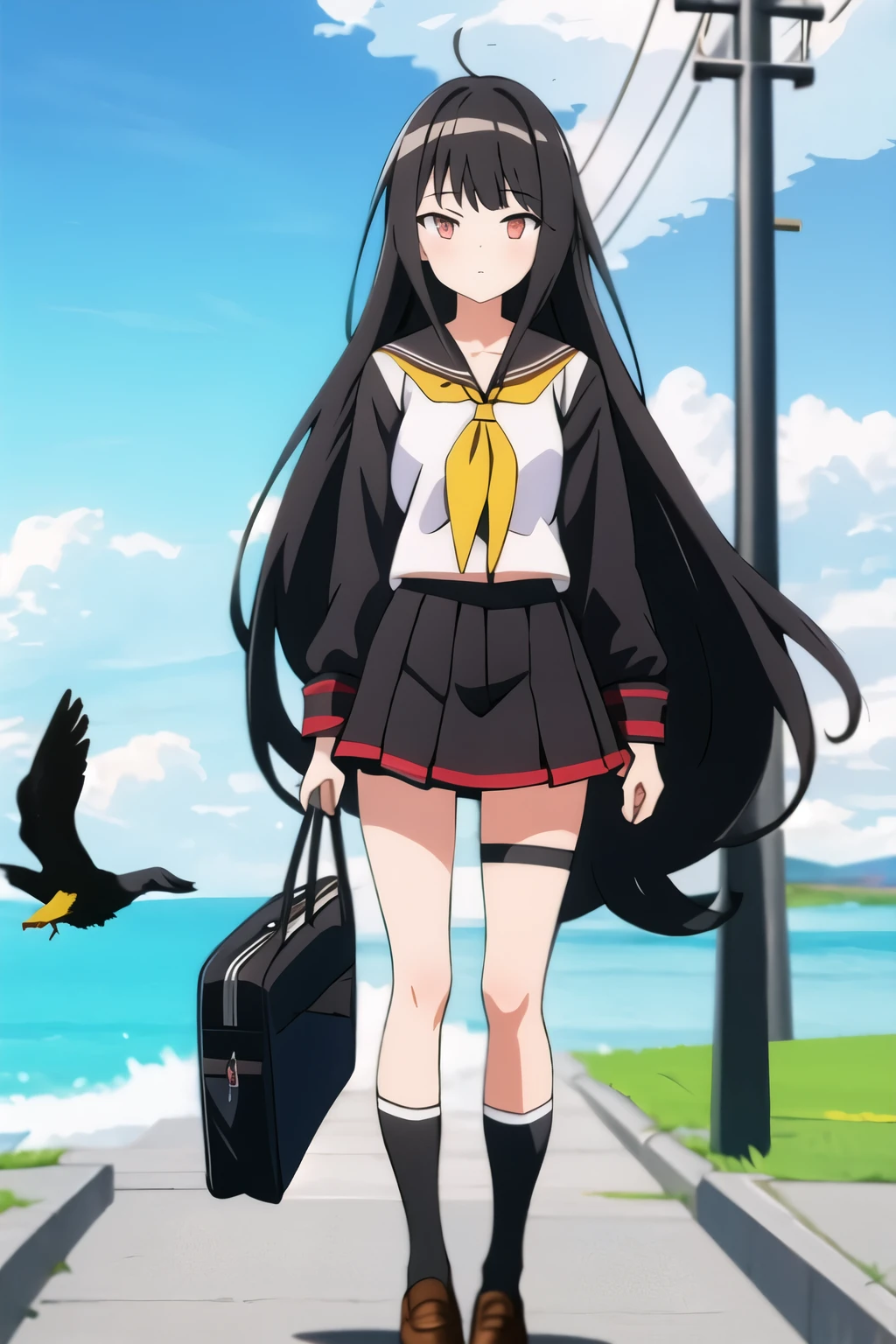 1girl, long hair, red eyes, school uniform, skirt, black hair, serafuku, bird, crow, solo, black serafuku, socks, bangs, black skirt, utility pole, neckerchief, pleated skirt, sailor collar, blunt bangs, power lines, red neckerchief, outdoors, shoes, sky, shirt, kneehighs, black socks, black shirt, long sleeves, looking at viewer, cloud, full body, very long hair, hime cut, loafers, holding, midriff peek, closed mouth
