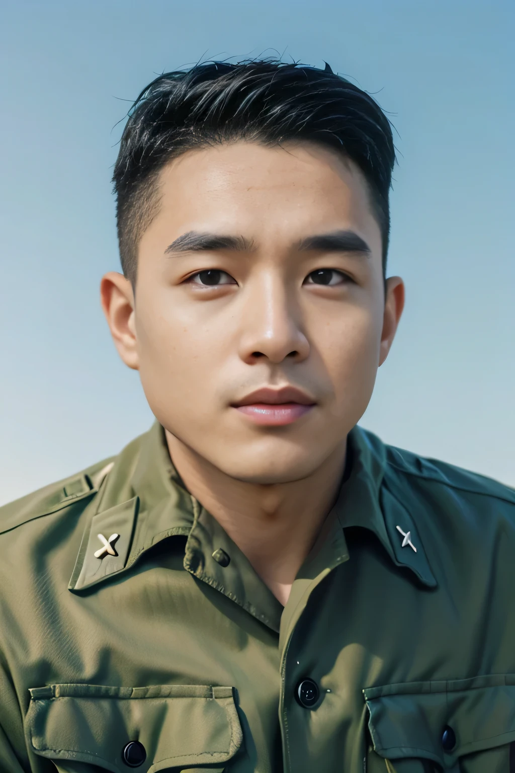 Highly realistic photo, ((masterpiece), (best quality), (raw photo), (photorealistic:1.4), Portrait of Vietnamese man, 25 years old, ((black hair)), ((green uniform shirt)), ((light blue background)), photo taken by Sony A7IV