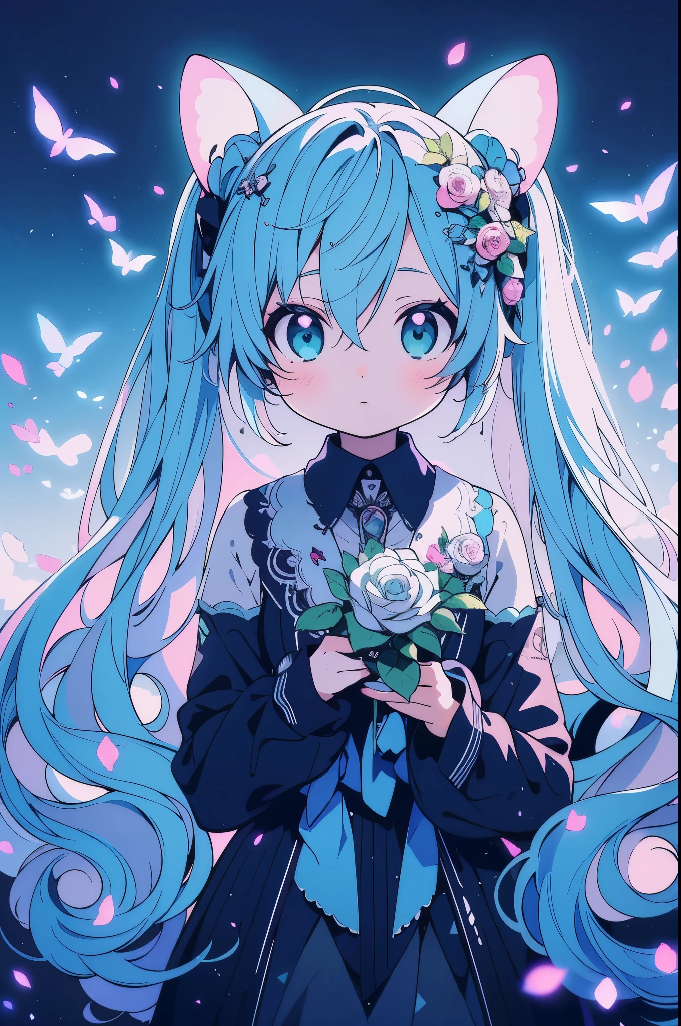 face focus, masterpiece, highest quality, 1 girl, hatsune miku, White Rose, petal, night background, fire Fly, particles of light, alone, Twin-tailed aqua hair, aqua eye, Are standing, pixiv, Depth of the bounds written, cinematic composition, best lighting, look up