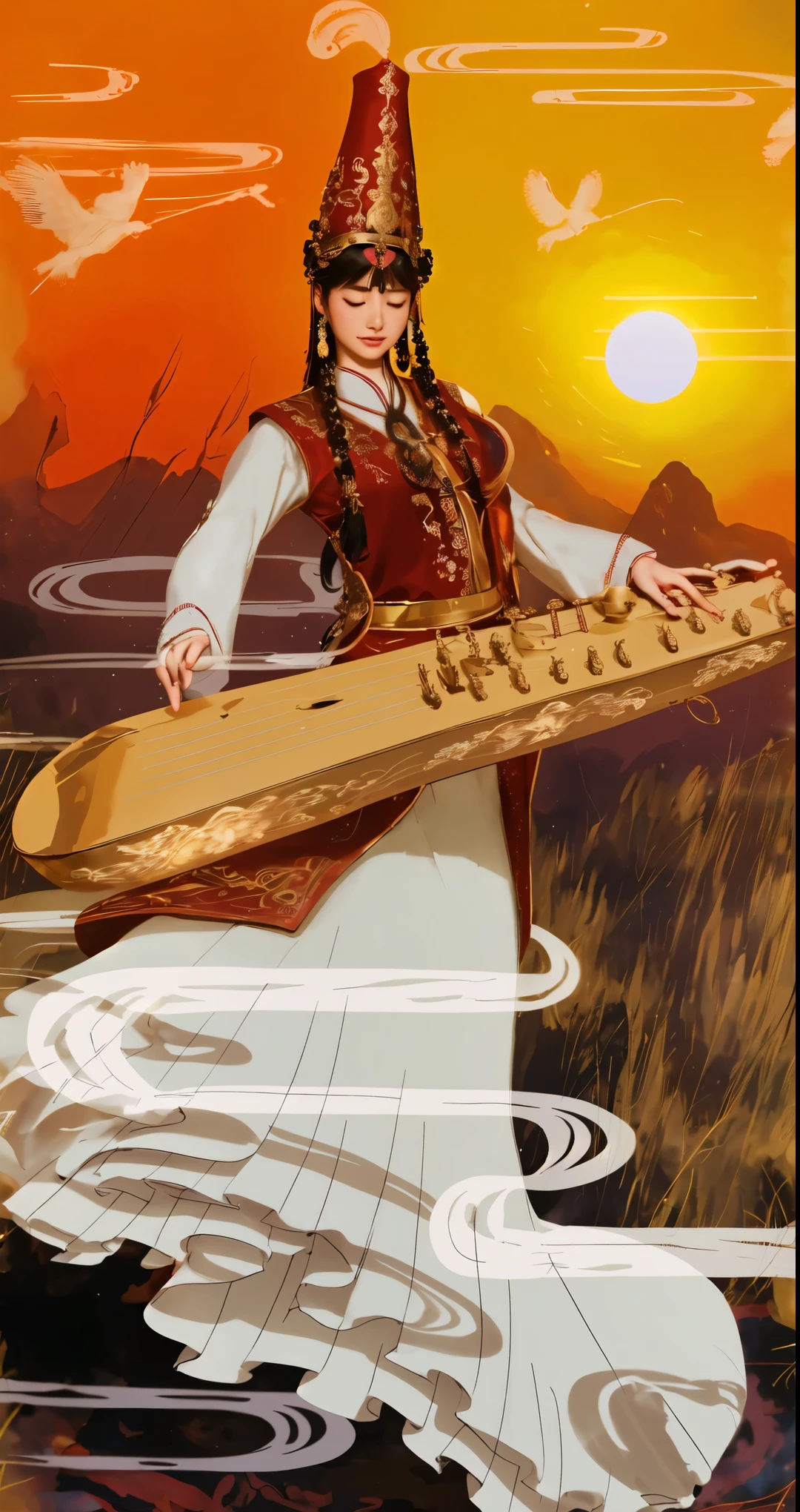 Girl wearing Xinjiang costume playing musical instrument,People with closed eyes,On the steppe at dusk, inspired by land base, inspired by Yang Buzhi, Z style art, Illustrations inspired by Persian folklore, Inspired by Song Maojin, Inspired by Ji Yunfei, Persian folk storytelling art style, A beautiful artistic illustration, With Xinjiang art style, Detailed cloud,Detailed sunset,Detailed distant mountains,Detailed steppe. (best quality, 4k, 8k, high resolution, masterpiece:1.2), super detailed, (actual, photoactual, photo-actual:1.37), high dynamic range, ultra high definition, studio lighting, Ultra-fine painting, sharp focus, Physically based rendering, extremely detailed description, professional, bright colors, Bokeh, portrait, landscape,, Science fiction, photography, concept artist, Vibrant shades, Picturesque lights.
