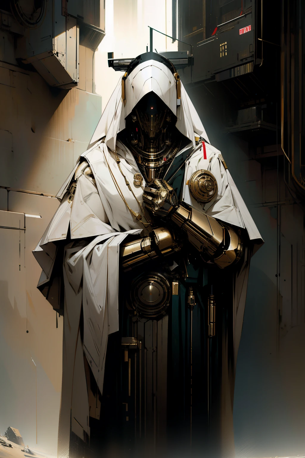 photorealistic, (hyperrealistic:1.2), beautiful, masterpiece, best quality, perfect lighting, derpd, cyborg, no mouth, white eyes, cloak, robes, divine pose, gold trim, mechanical arms, male, mechanical face,