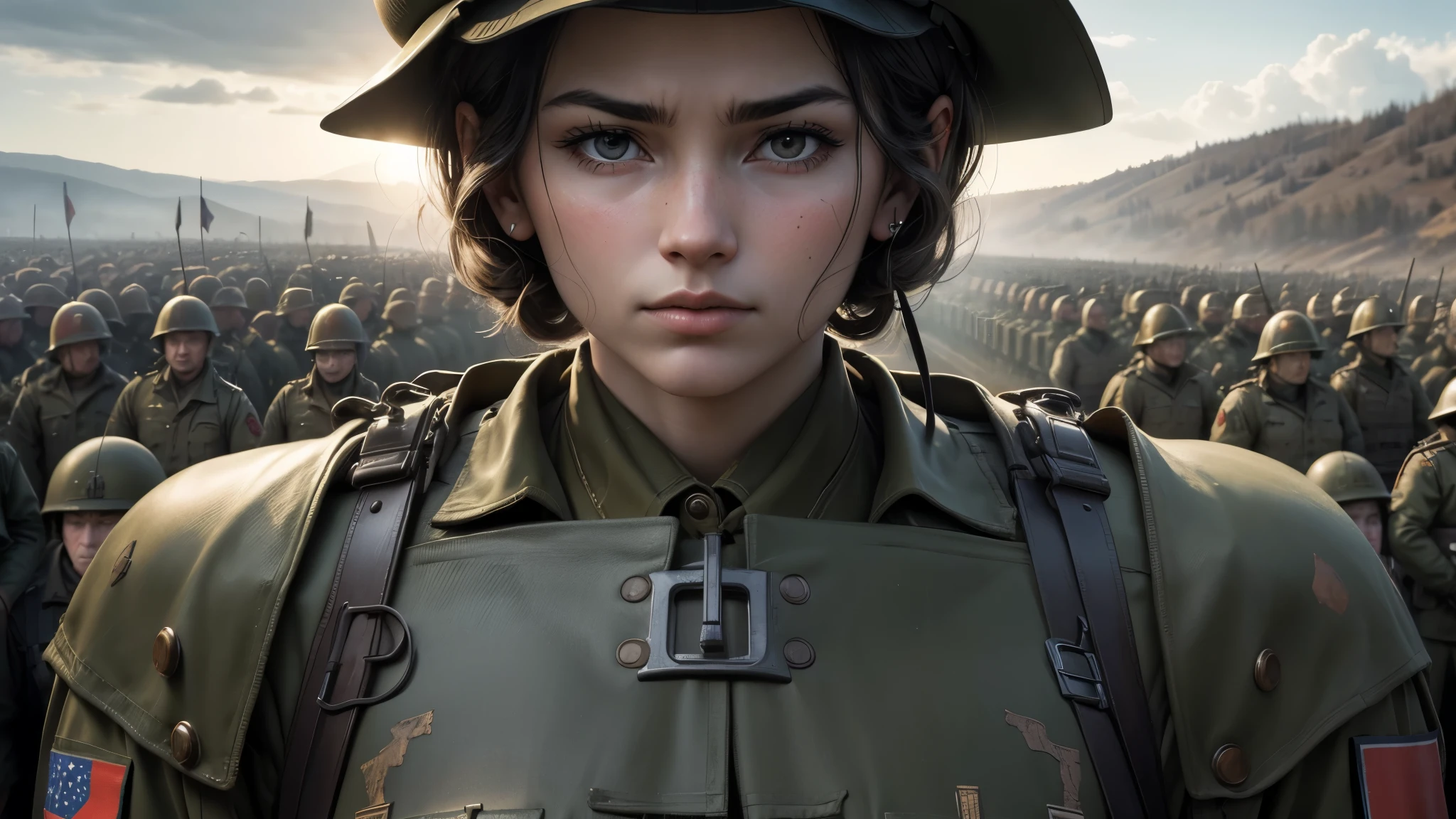 best quality, ultra high resolution,masterpiece, (reality,detail,close up)World War II,tens of thousands of soldiers,Lined up,Ready