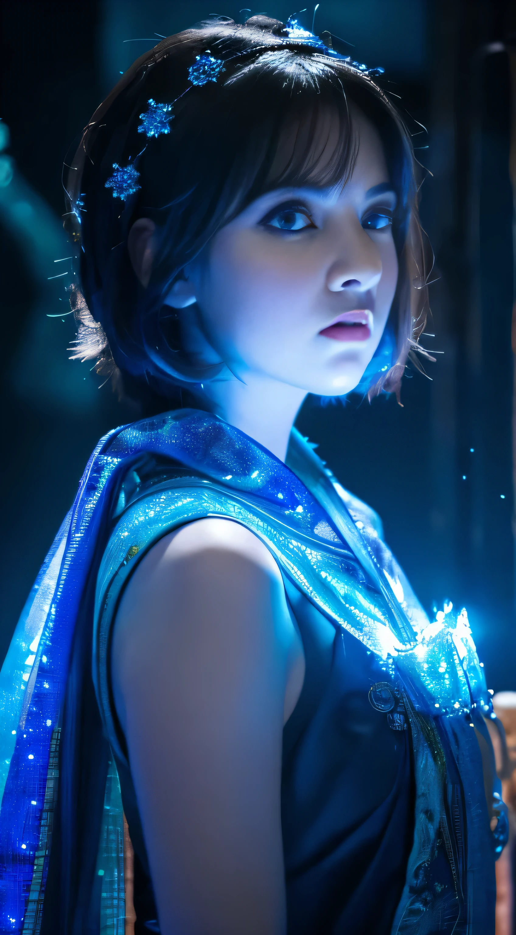 night, ((1 girl)), alone, masterpiece, 8k wallpaper, highres, absurdres, high quality background, short hair, black hair, multicolor hair, beautiful frozen village, (full bright moon), blue dress, detailed dress, jewelry dresagic:1.2), blue fire, blue eyes, glowing eyes, fire, ice goddess, (blue detailed beautiful crown), electricity, blue electricity, blue light particles