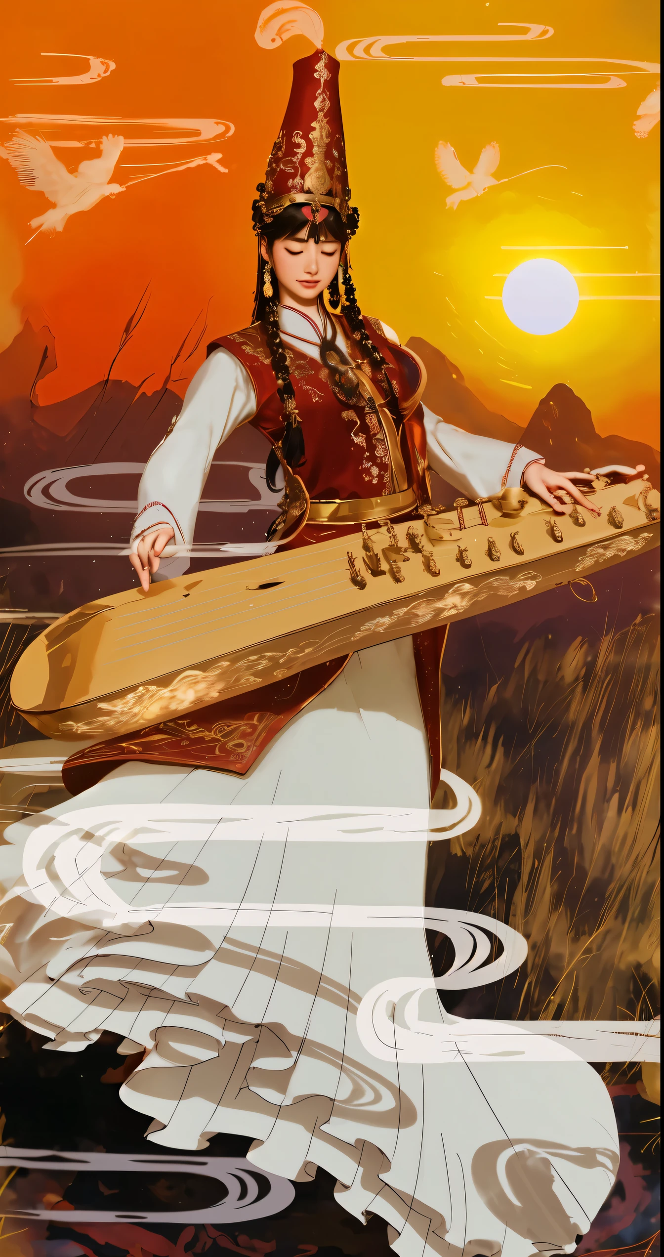 Girl wearing Xinjiang costume playing musical instrument，People with closed eyes，On the steppe at dusk, inspired by land base, inspired by Yang Buzhi, Z style art, Illustrations inspired by Persian folklore, Inspired by Song Maojin, Inspired by Ji Yunfei, Persian folk storytelling art style, A beautiful artistic illustration, With Xinjiang art style, Detailed cloud，Detailed sunset，Detailed distant mountains，Detailed steppe. (best quality, 4k, 8k, high resolution, masterpiece:1.2), super detailed, (actual, photoactual, photo-actual:1.37), high dynamic range, ultra high definition, studio lighting, Ultra-fine painting, sharp focus, Physically based rendering, extremely detailed description, professional, bright colors, Bokeh, portrait, landscape,, Science fiction, photography, concept artist, Vibrant shades, Picturesque lights.