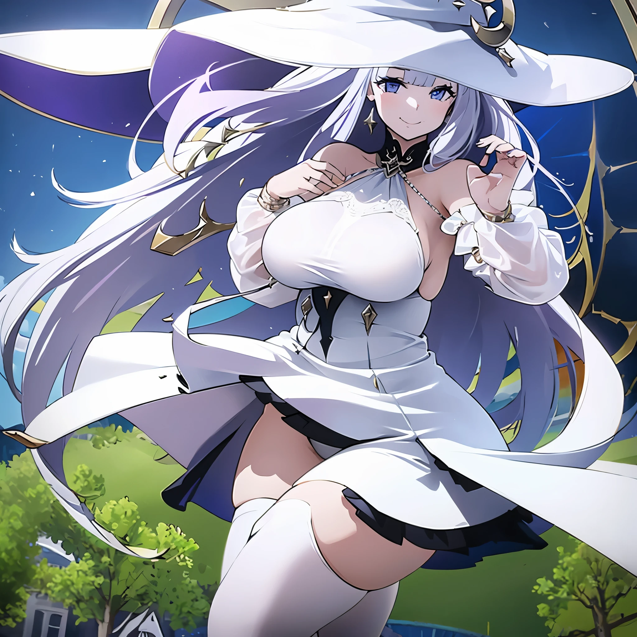 A woman wearing a white dress with a short skirt, women's long white stockings, a white witch's hat, lilac long weak hair, smiling, in a park