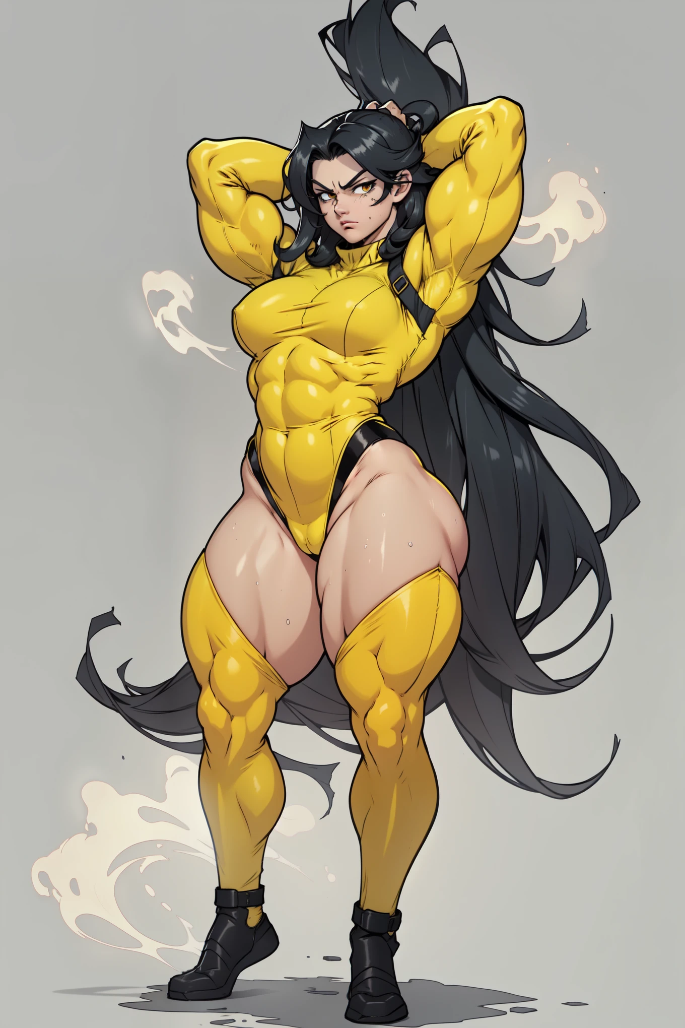 ((grey background))  pale skin black hair yellow eyes (very long hair) angry ((1 girl muscular toned body bodybuilder curvy wide hips thick thighs)) (full body solo) standing (long sleeves leotard arms over head sweaty foggy steam)