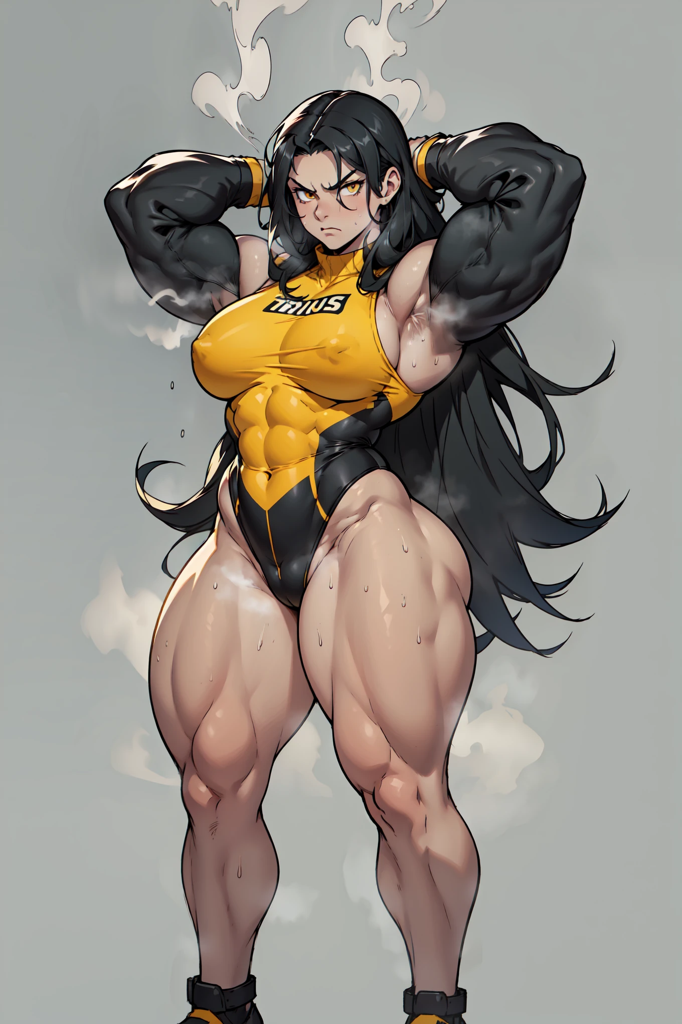 ((grey background))  pale skin black hair yellow eyes (very long hair) angry ((1 girl muscular toned body bodybuilder curvy wide hips thick thighs)) (full body solo) standing (long sleeves leotard arms over head sweaty foggy steam)