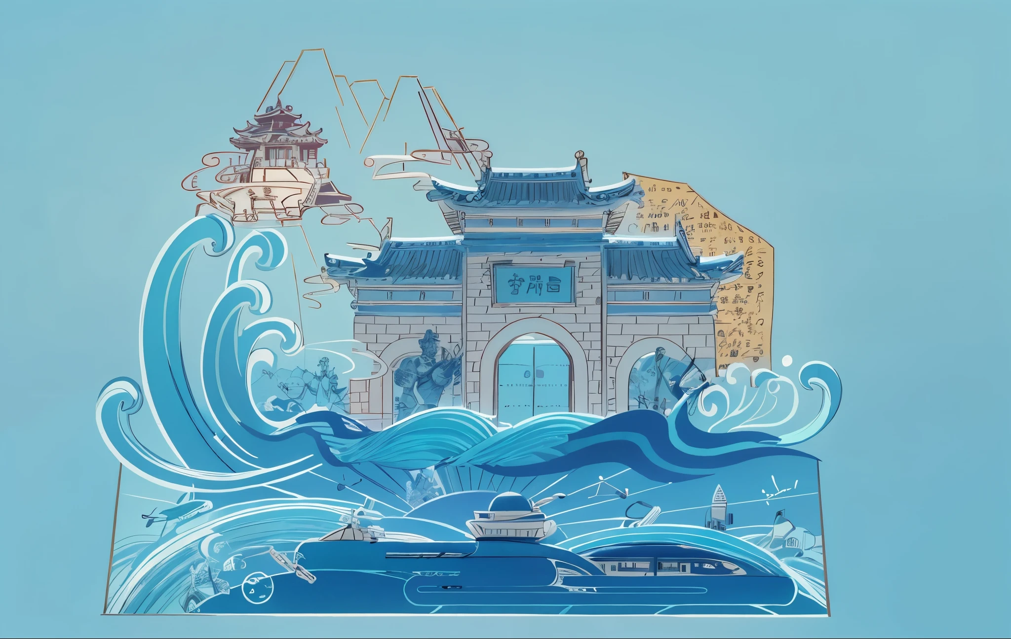 temple built on sea，Yamakawa background，cyan blue and light，illustration style，