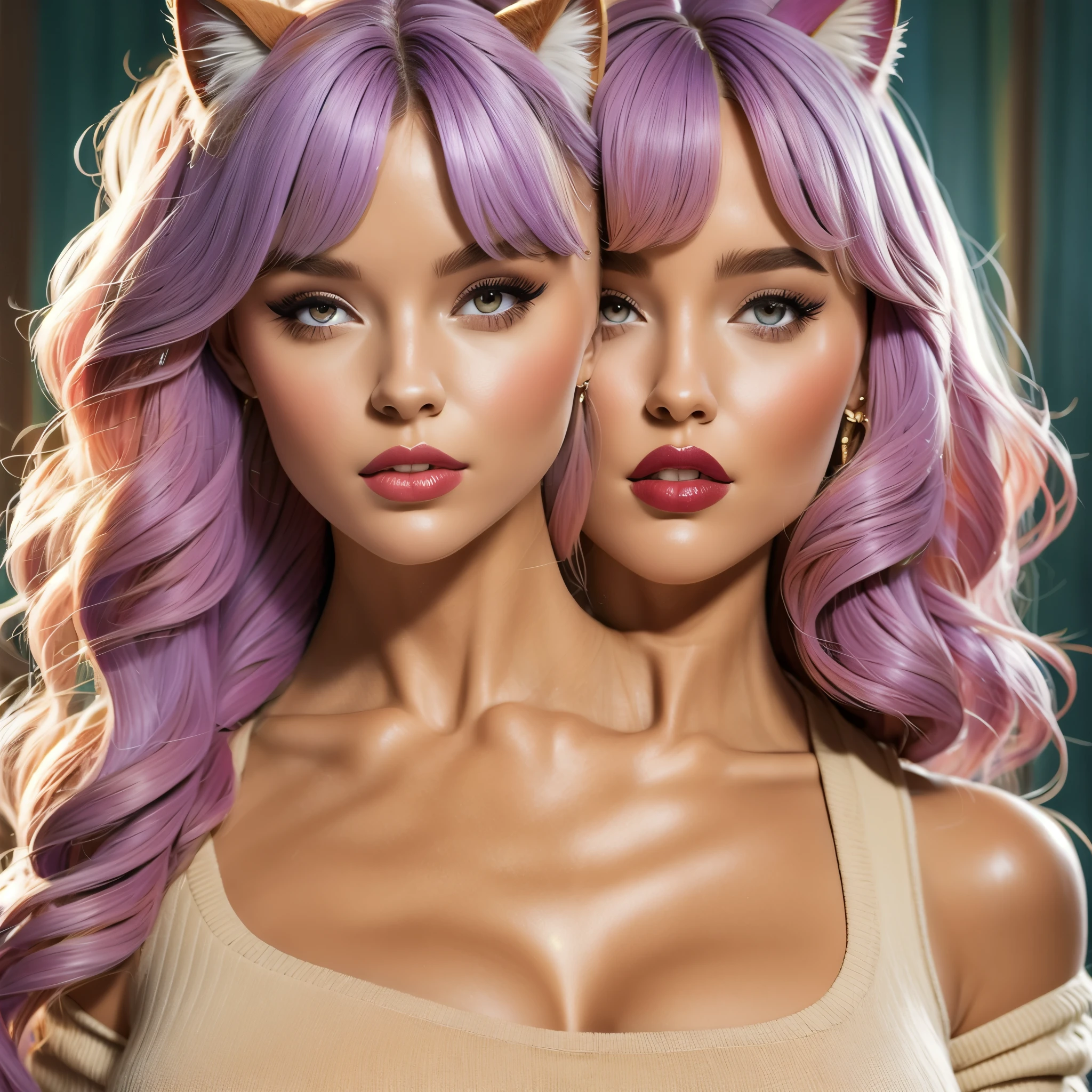 masterpiece, best quality, 1girl, ((looking at viewer)), lilac hair, purple eyes, long hair, ahoge, sweater, sweater skirt, pantyhose, 163cm, hair between eyes, large breasts, adult, 33 years old, mature, glasses, solo, sole, smile, cat ears, cat tail, fang, catgirl, animal ears