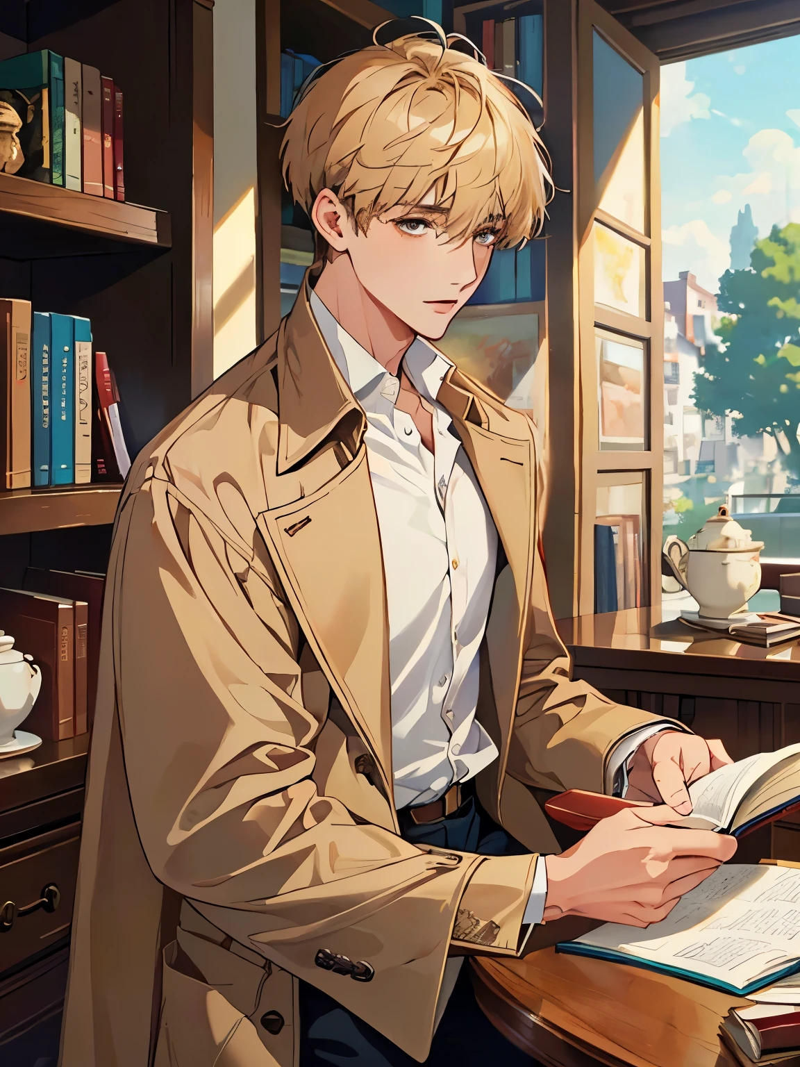 (masterpiece, top quality, best quality, official art, beautiful), solo, male, short hair, with bangs, beige color shirt, coffee color coat, books, illustration