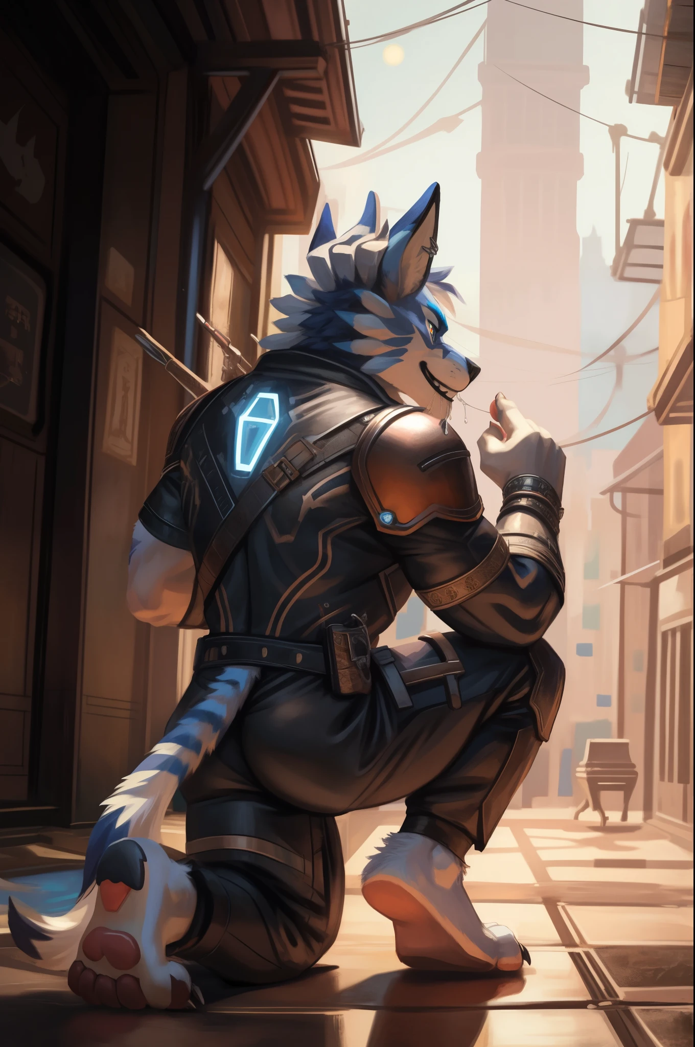 Feral wolf, female, canine pussy, pussy juice, buttplug, at home, on the street , panties pulled down, choker