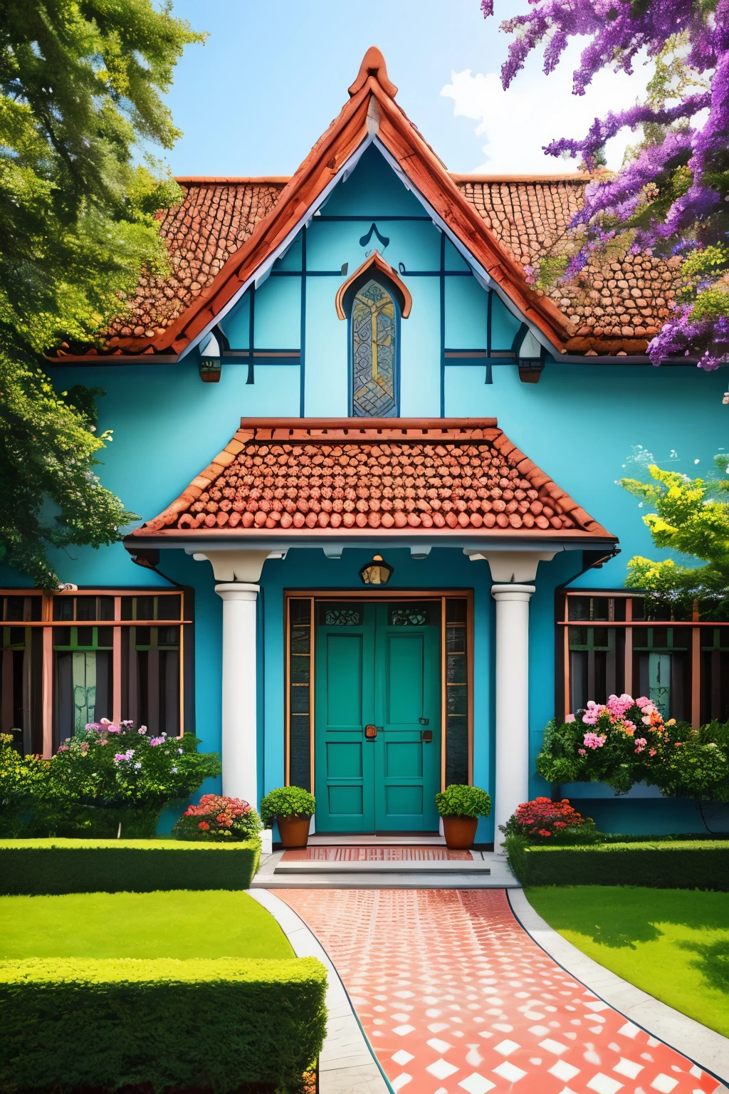 In the heart of the pixelated world, there stands a charming house crafted with meticulous tiles. The quaint abode boasts vibrant colors and intricate patterns, a true testament to the artist's skill. Glancing closer, one can see the distinct pixelation of the house's exterior, with each square tile carefully placed. The roof is a beautiful array of red tiles, shading the house subtly. The walls are adorned with intricate floral designs, painted in various shades of blue and green. The entrance reveals a welcoming mat, with the door slightly ajar, revealing a peek of the warm and inviting interior. A garden surrounds the house, filled with