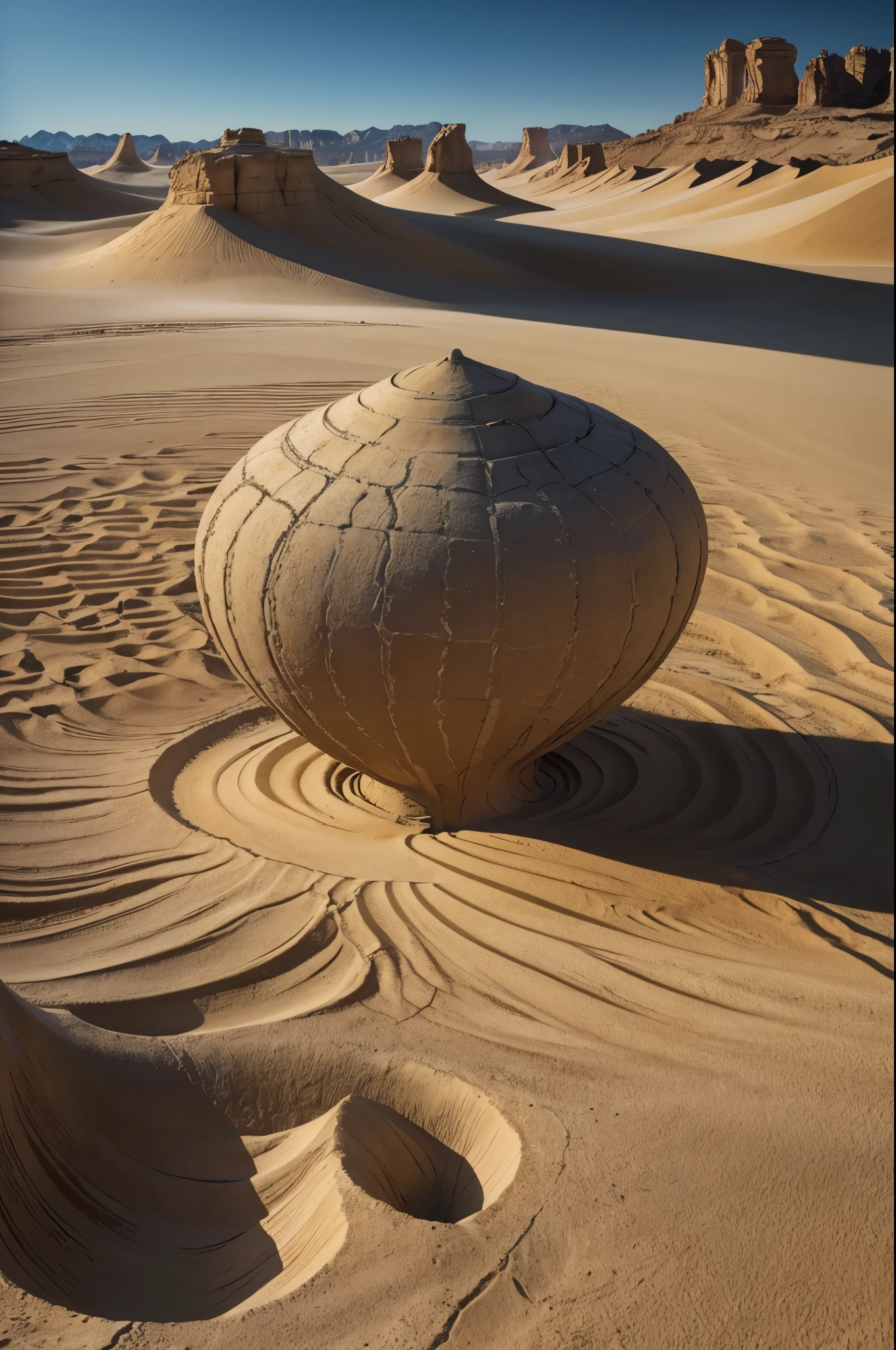 masterpiece, best quality, extremely detailed, hyperrealistic, photorealistic, desert, a gigantic funnel-like indentation in the ground surface, strong wind
