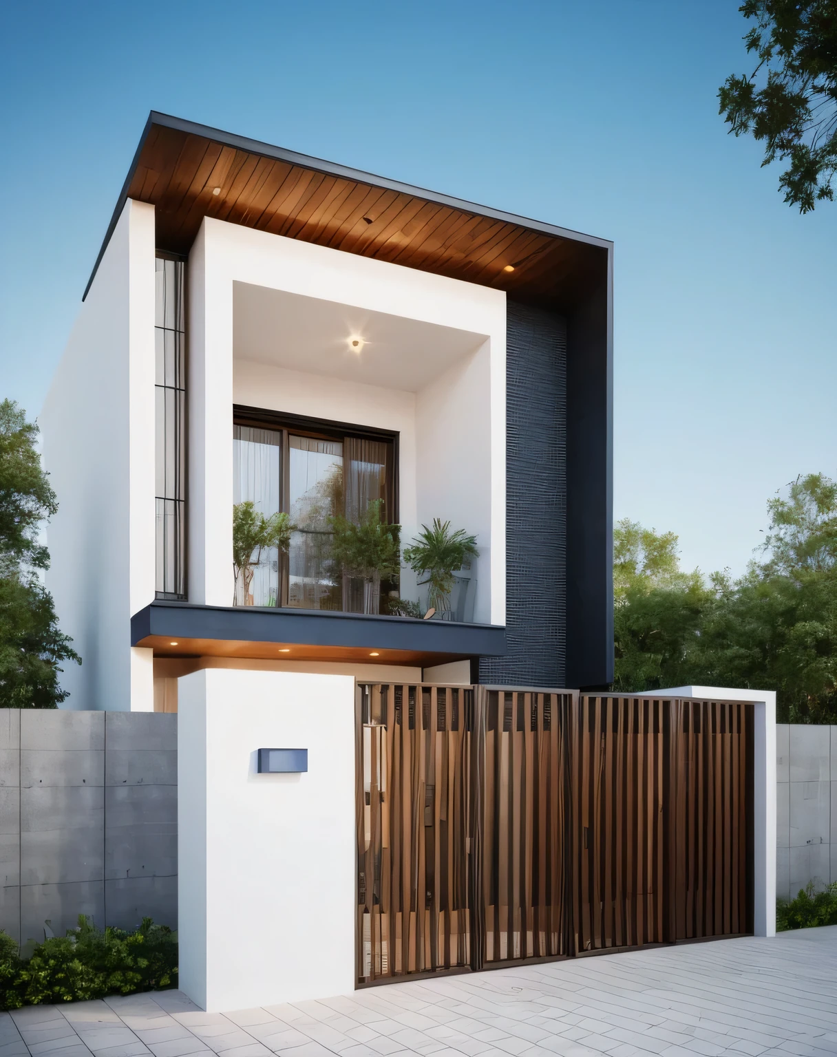 Architecture minimaliste, the main materials of the house include white walls, blue concrete effect walls, Realistic images, extremely detailed, une maison moderne, 1 route devant la maison, large ceramic courtyard, (1 voiture), brick fence, Pelouse, quelques petites fleurs, une route devant la maison, the main materials of the house are white walls and red brick, Design moderne, ciel bleu clair, Sunrise light, The light of the'interior, dynamic light,Shimmering light, Cinematic light, sentiment romantique, (((Day light, warm light)))