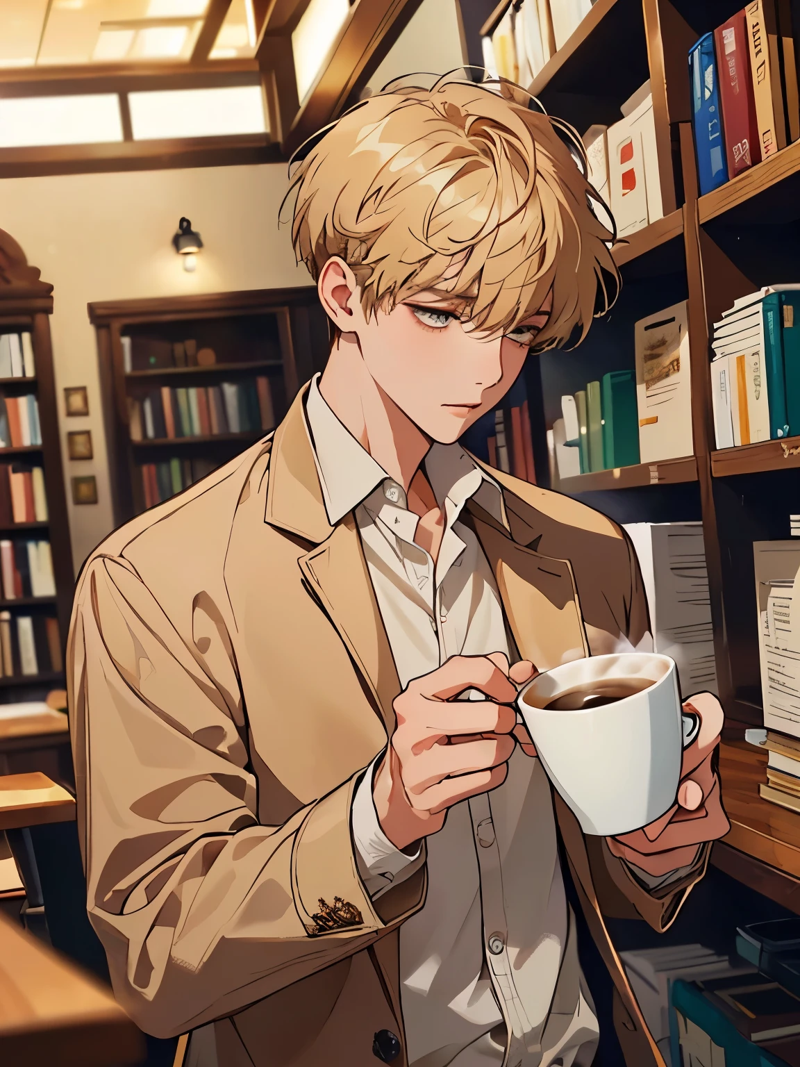 (masterpiece, top quality, best quality, official art, beautiful), solo, male, short hair, with bangs, beige color shirt, coffee color coat, books, coffee, motion blur, illustration