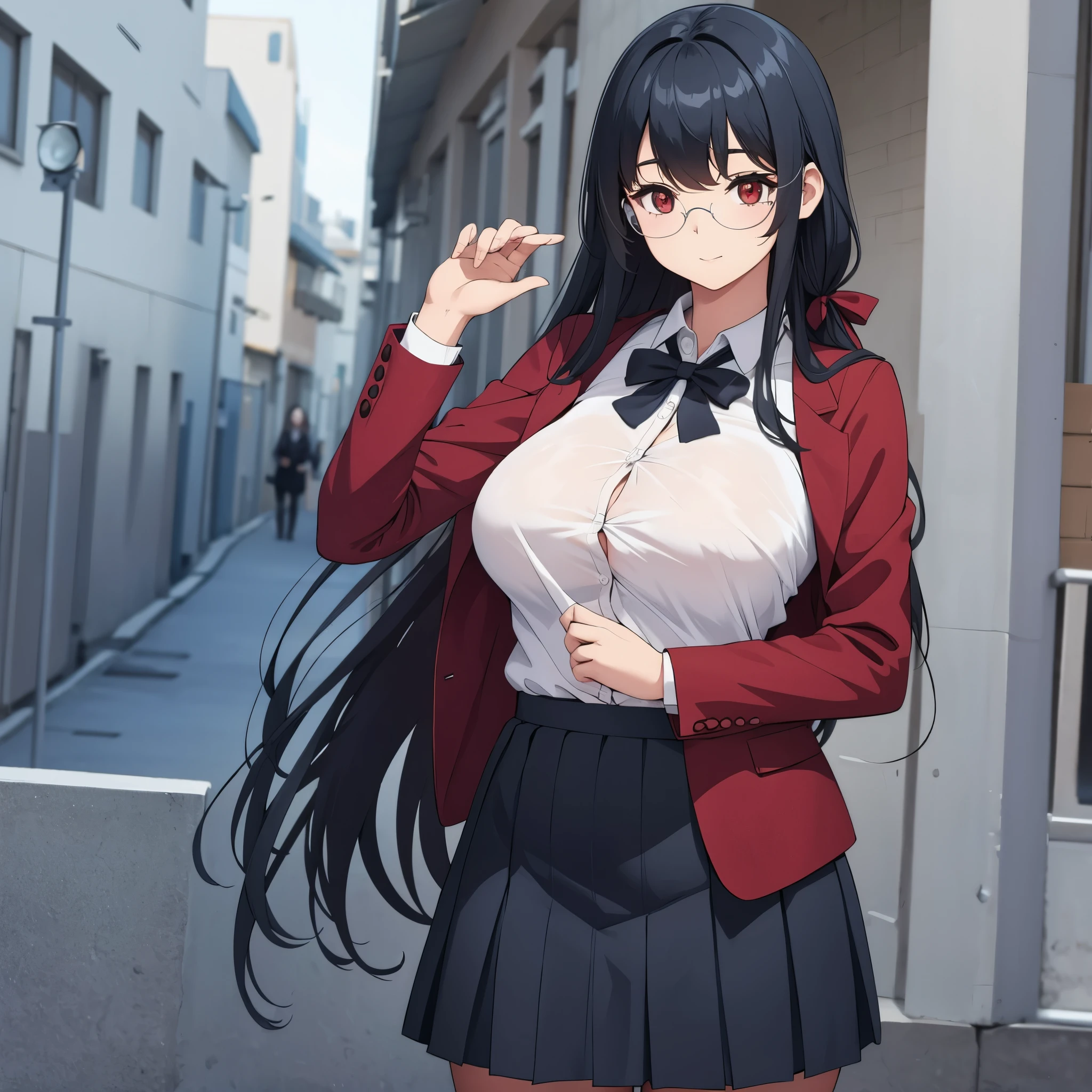 a woman in school clothes, outside of school, cute face, red eyes, big breasts.
