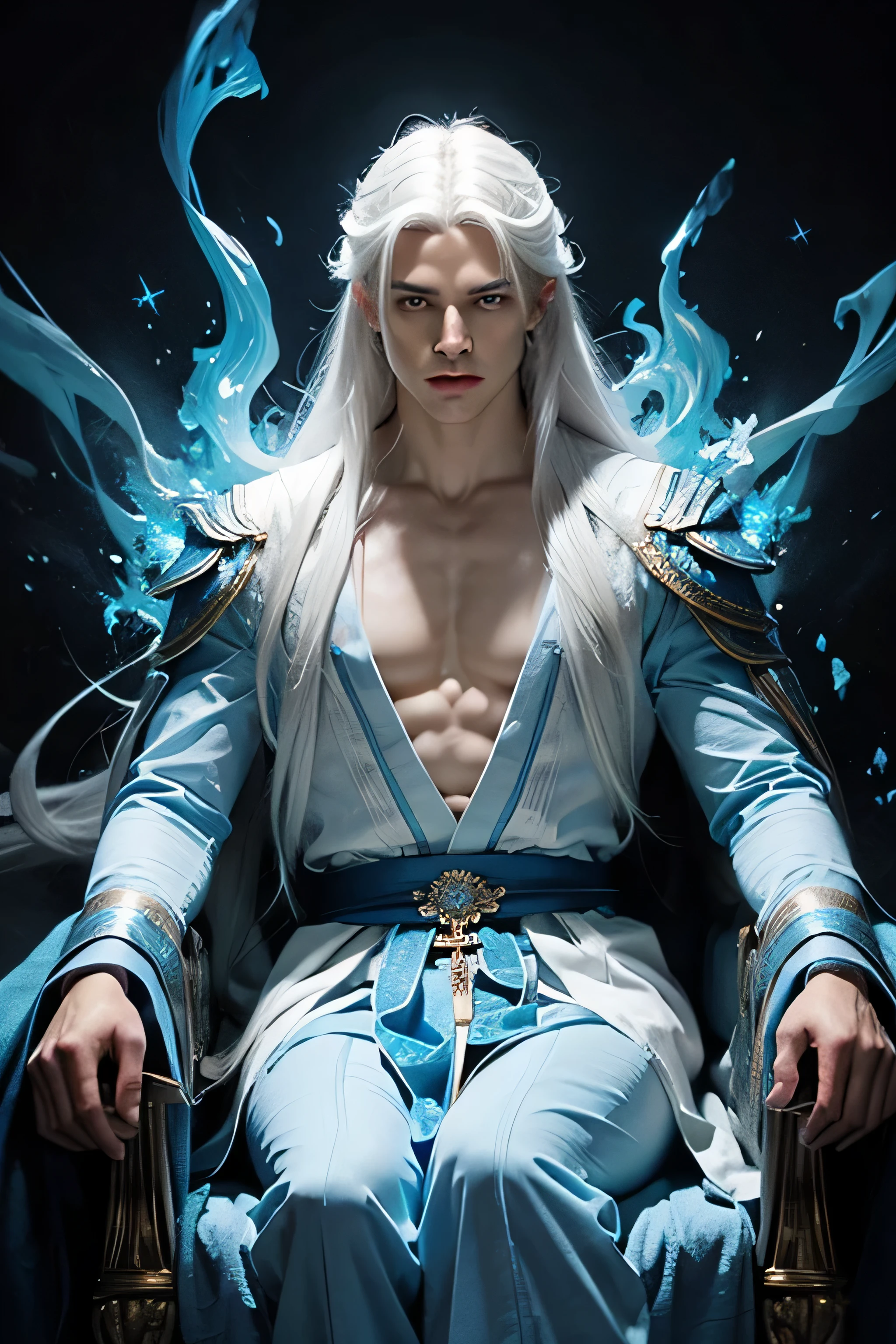 young man, very handsome, long white hair, blue eyes, wearing a blue tunic, blue fire flames, blue fire in the background of the image , blue fire, fox eyes, fuller face, with defined jawline, 8k, super detail, top quality, long white hair, no shirt , a god, Super powers , god of dazzling beauty , man with effeminate face, white hair, god, full face, soft eyebrows, thick lips, sitting on a high throne, symmetrical face, bright blue eyes