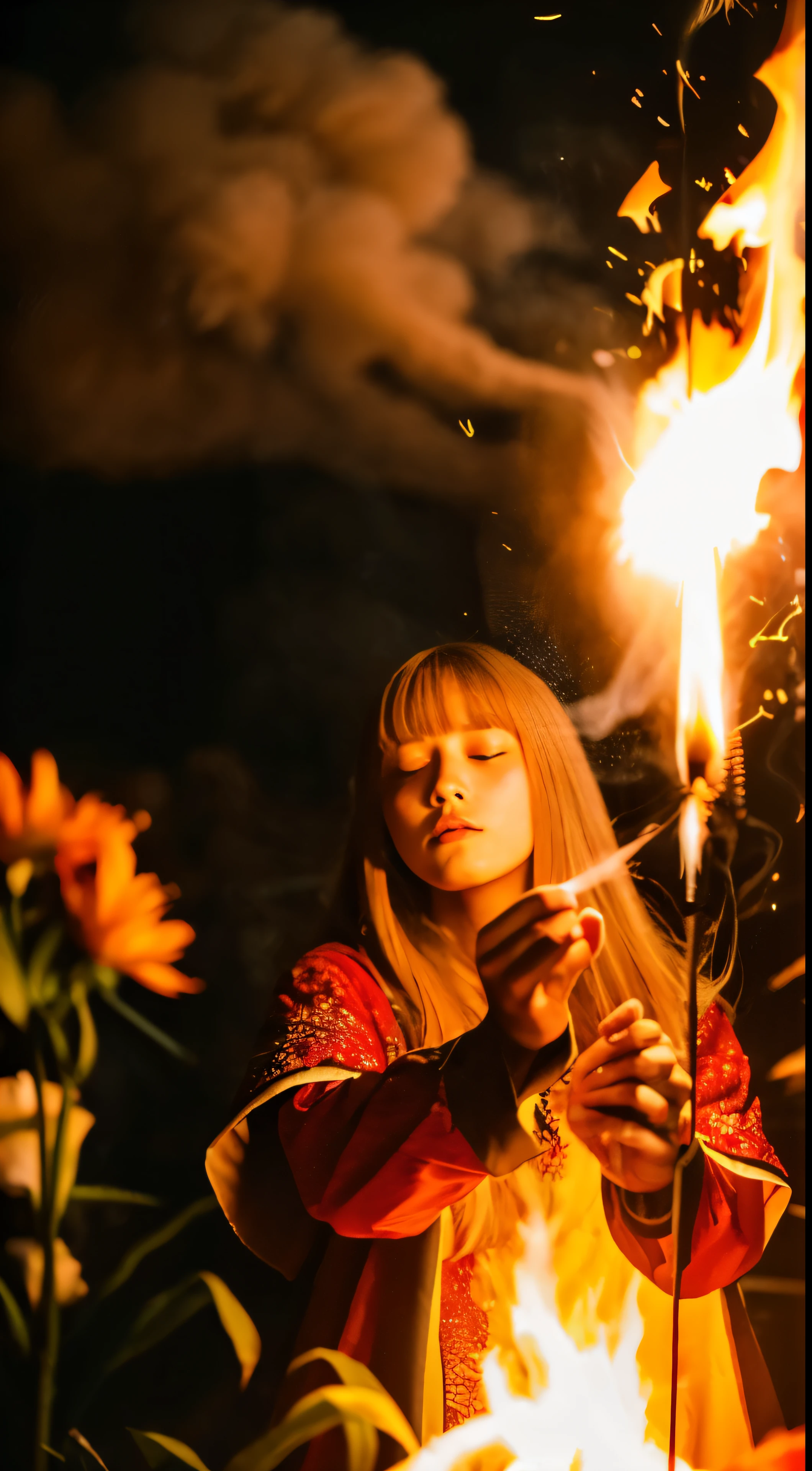 1girl, bangs, breathing fire, burning, burnt clothes, embers, ahoge, beige hair, multicolored hair, fire, flame, flaming sword, (hand on hilt), standing, long hair,  pyrokinesis, expressionless, smoke, flower(symbol),  solo, sparks, sunset, twilight, white flower, molten rock, lily (flower),  fiery flower, depth of field, burning ,