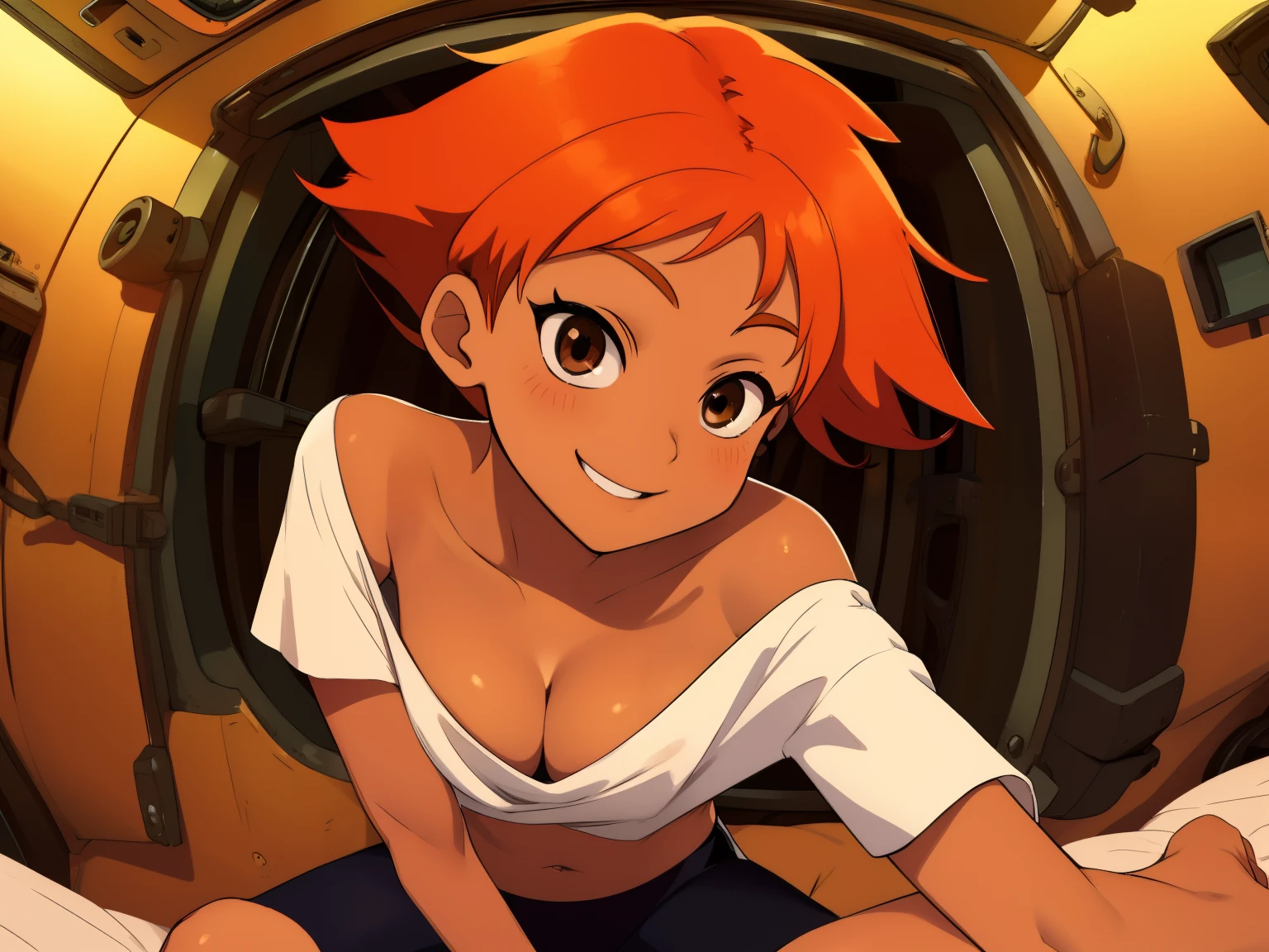 Edward,midriff,orange hair,white shirt,off shoulder,collarbone,tan skin, black bike shorts,goggles, brown eyes, space station,engine room, smiling, bedroom eyes, breasts, cleavage (insanely detailed, beautiful detailed face, masterpiece, best quality),