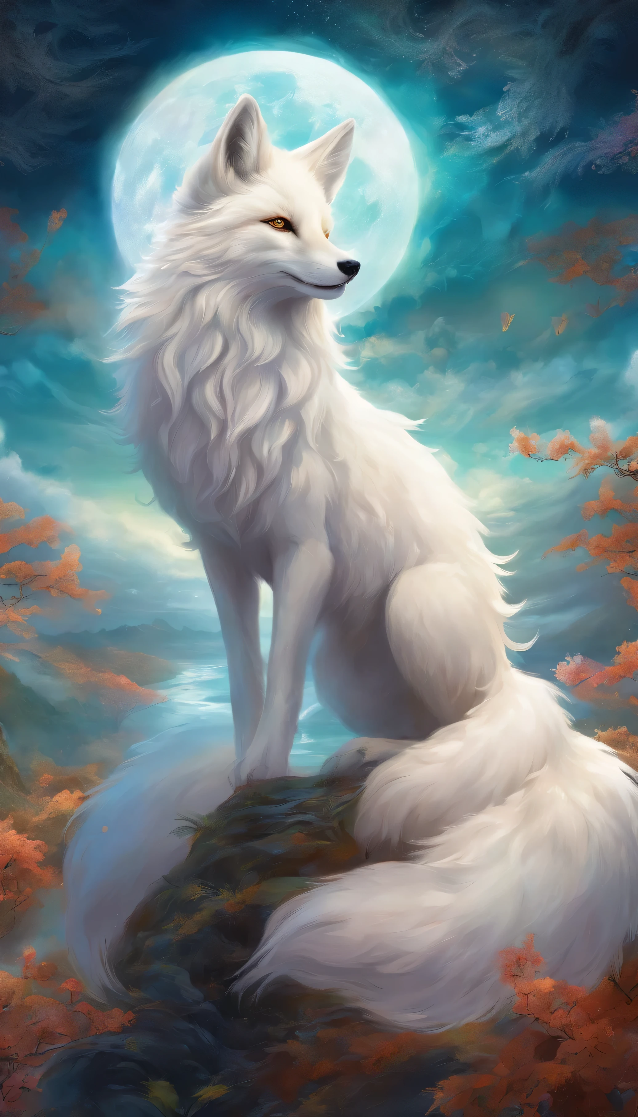 chinese mythology，giant white fox，thick clouds，（（（9 tailoring，moon，master piece，best image quality，super fine，super magical，super detailed，8K resolution，OC renderer，dynamic viewing angle , ((in front:1.4))