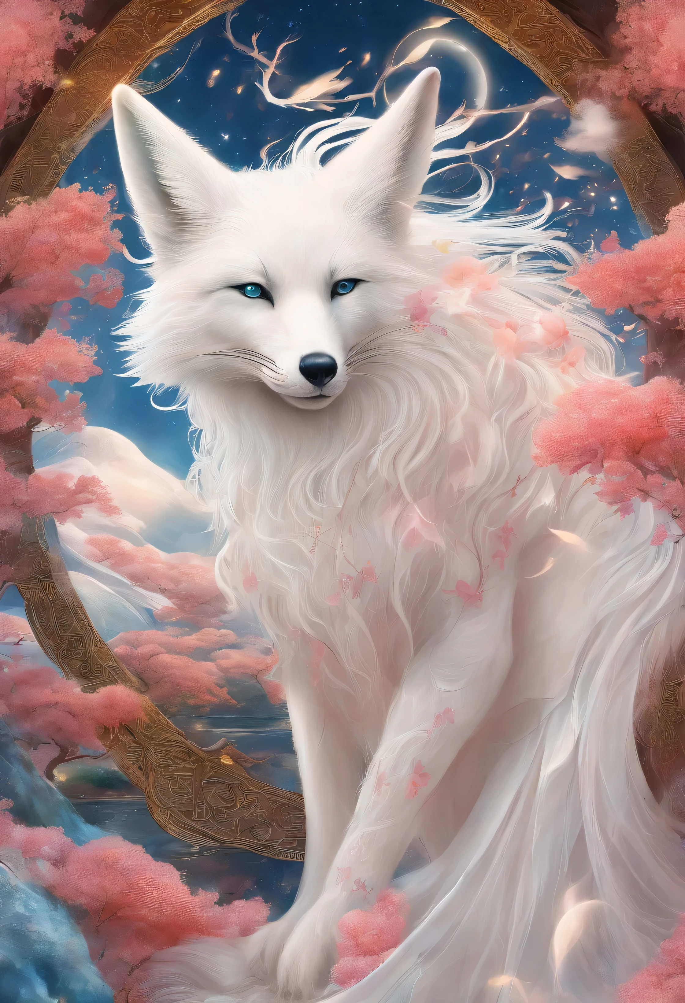 chinese mythology,giant white fox,thick clouds,(((9 tailoring,moon,master piece,best image quality,super fine,super magical,super detailed,8K resolution,OC renderer,dynamic viewing angle