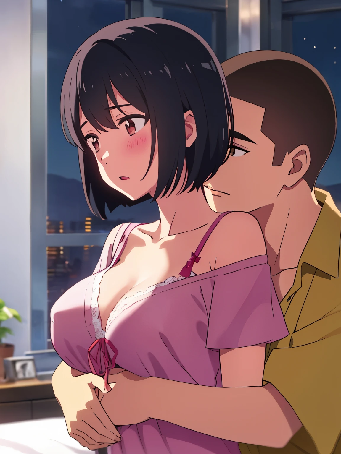 1boy, tuxedo, buzzcut, boy behind girl, touching chest, breatsgrope from behind, grab, grabbing chest,chestgrab behind back, hold breast, hug back, hugging, neck kiss, 1girl, bangs, black hair, blush, brown eyes, worried eyes,open mouth, red headband, red ribbon, short hair, off shoulder, bra strap, off shoulder, light pink dress, open shirt, unbuttoned shirt, pink nipples, medium breasts, bedroom, night, perfect anatomy