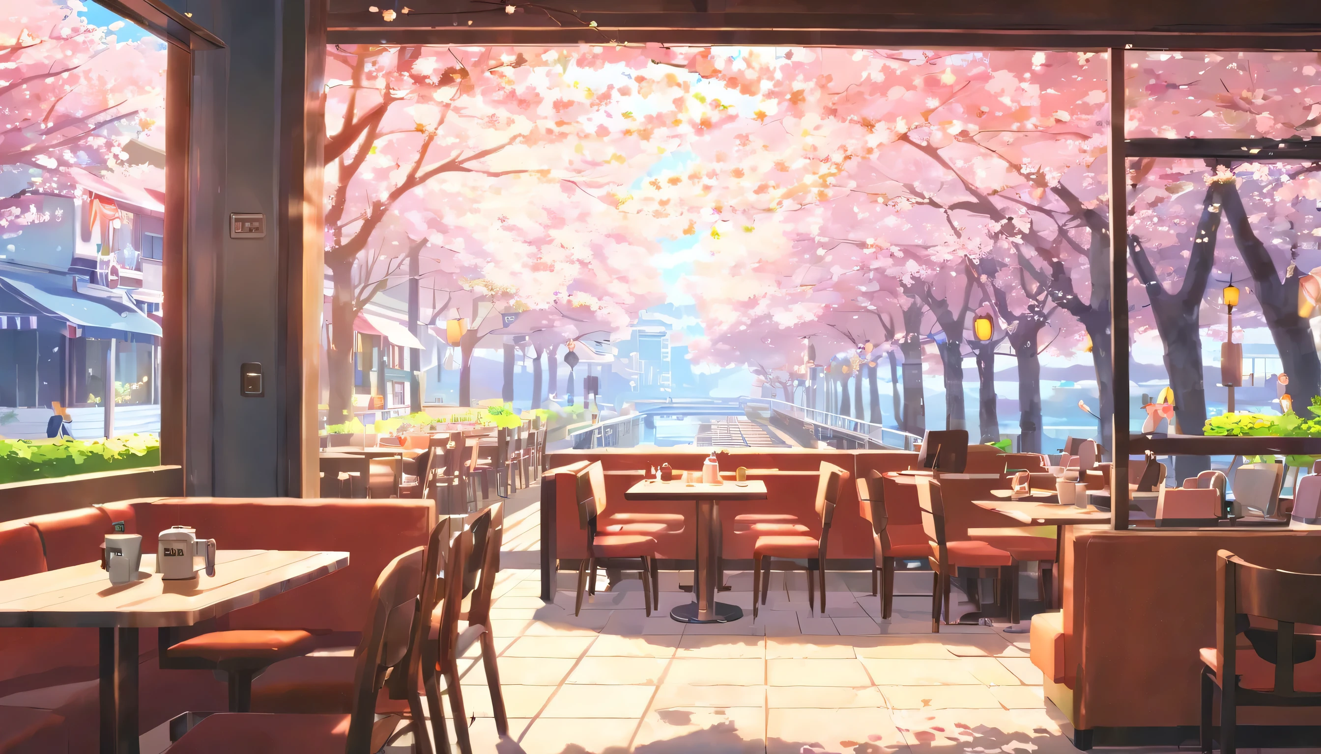 (((The inside of a stylish daytime cafe))), (((A laptop and coffee are placed on the table by the window.))), (((You can see the cherry blossom trees through your computer.))),((people々... do not have)), ((daytime)), (makoto shinkai style), (anime), comfortable, calm down, relax, hd, masterpiece. plant.
Beautiful anime scenes, anime background art, anime scenery concept art, makoto shinkai style, smooth concept art, Japanese art style, anime scenery, beautiful anime scenery, natural atmosphere, very calming.