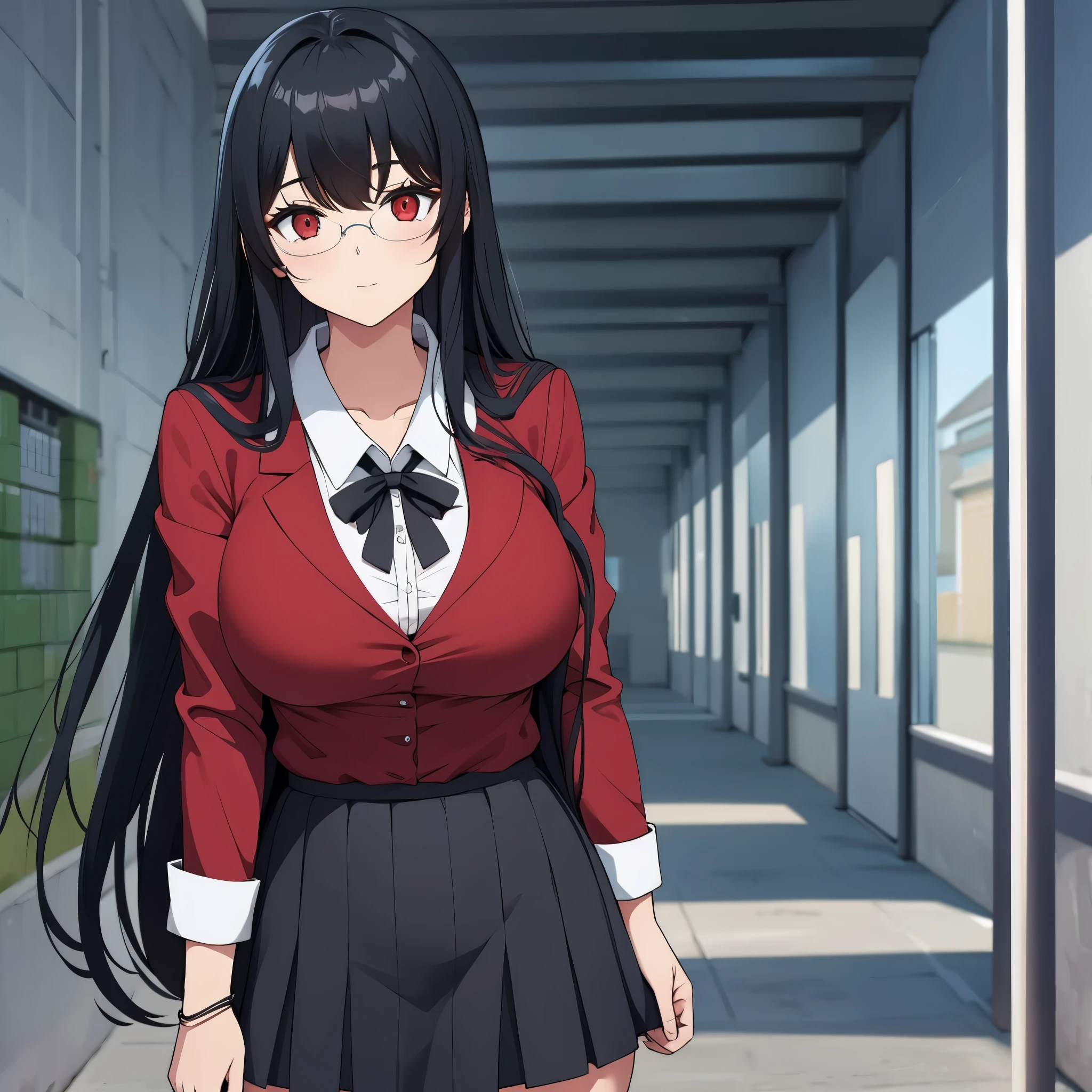 a woman with red school clothes, long black hair, outside of school, cute face, red eyes, big breasts.
