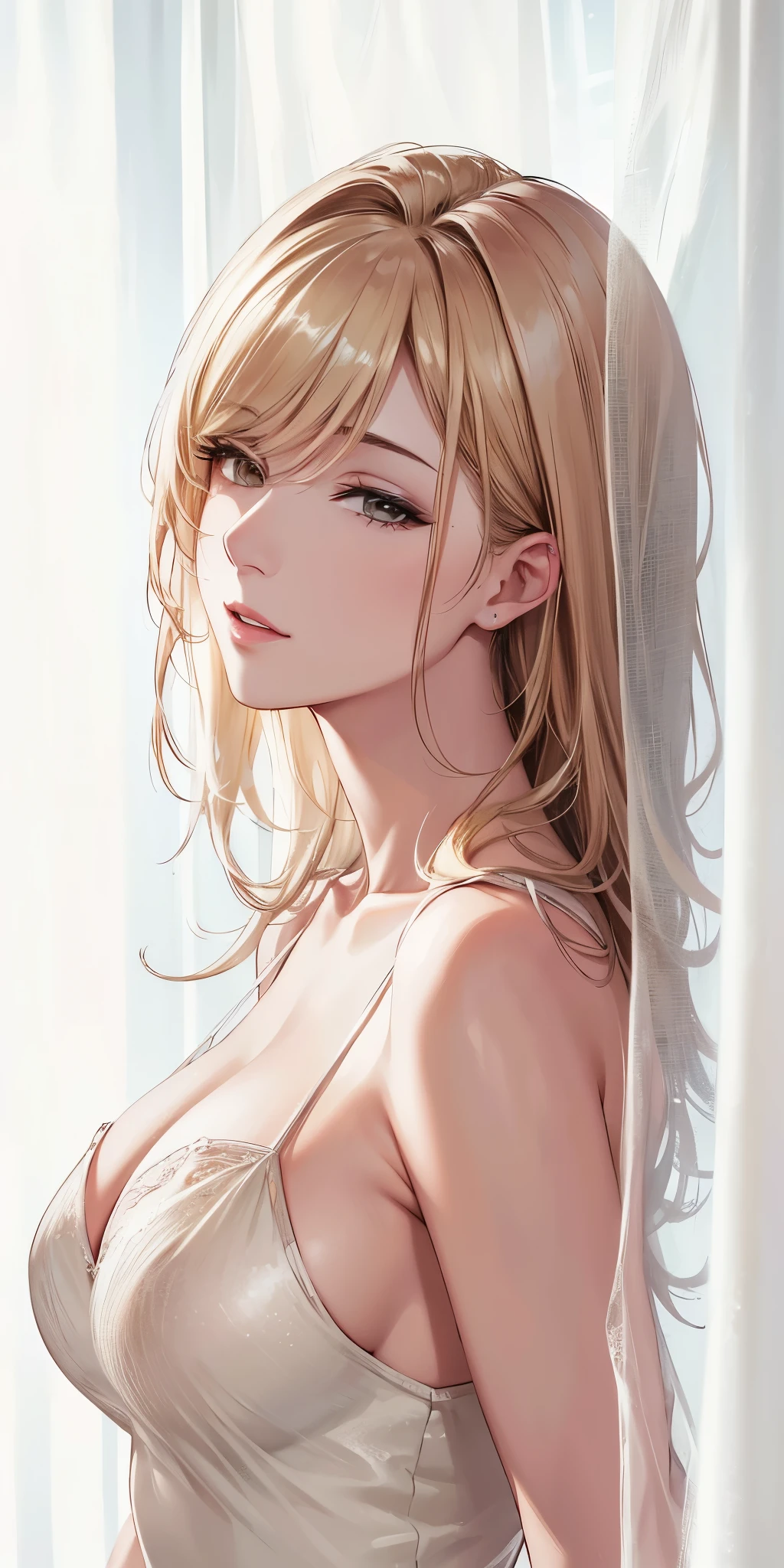 (best quality, highres), portrait, upper body, elegant type adult woman, brown eyes, long hair, swept-side bang, [[brown hair]], (blonde hair), transparent slip dress, see through dress, white curtain, soft light
