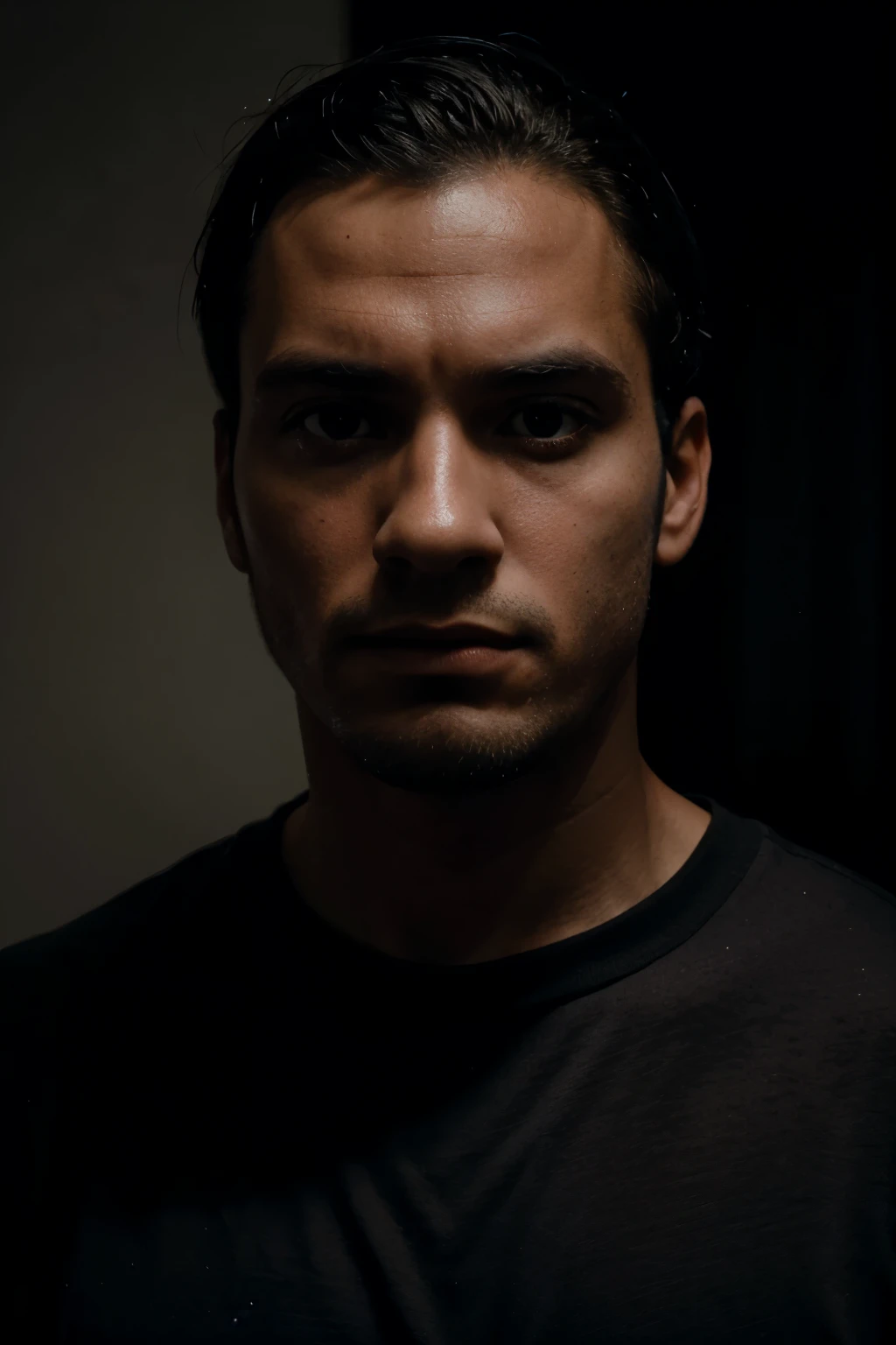 Foto CRU, foto de retrato de rosto de homem de 26 anos. homem, rosto fofo, usando casaco preto, serious face, sombras duras, cinematic shot, dramatic lighting