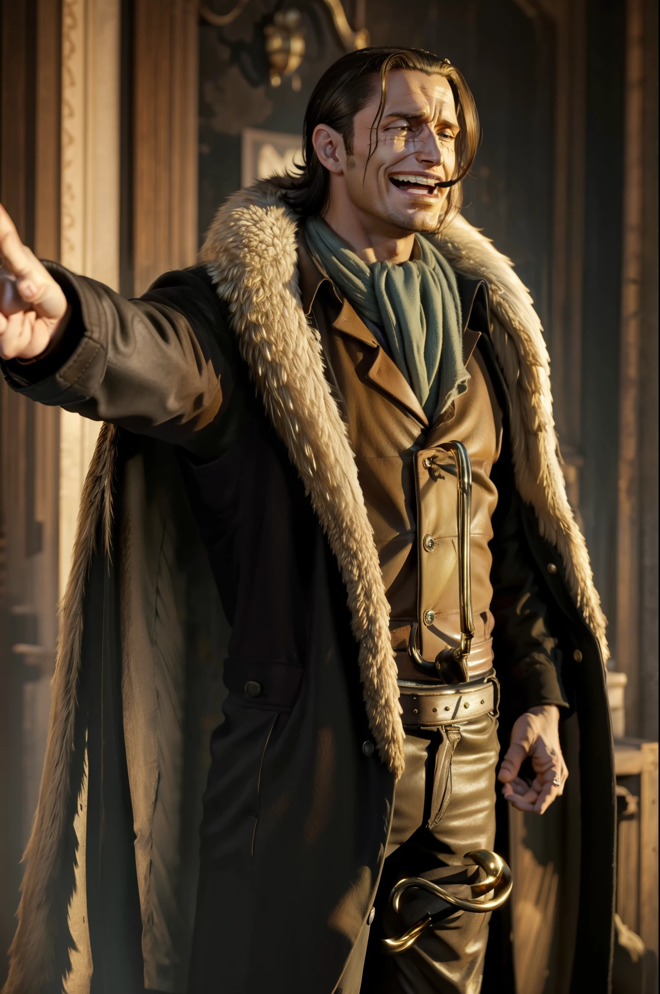 masterpiece, best quality, extremely detailed, hyperrealistic, photorealistic, a cool 40s man, fur-trimmed coat, scarf around the neck, ultra detailed face, his left hand is a golden pirate hook:1.1, opening arms to the side of the body, laughing

