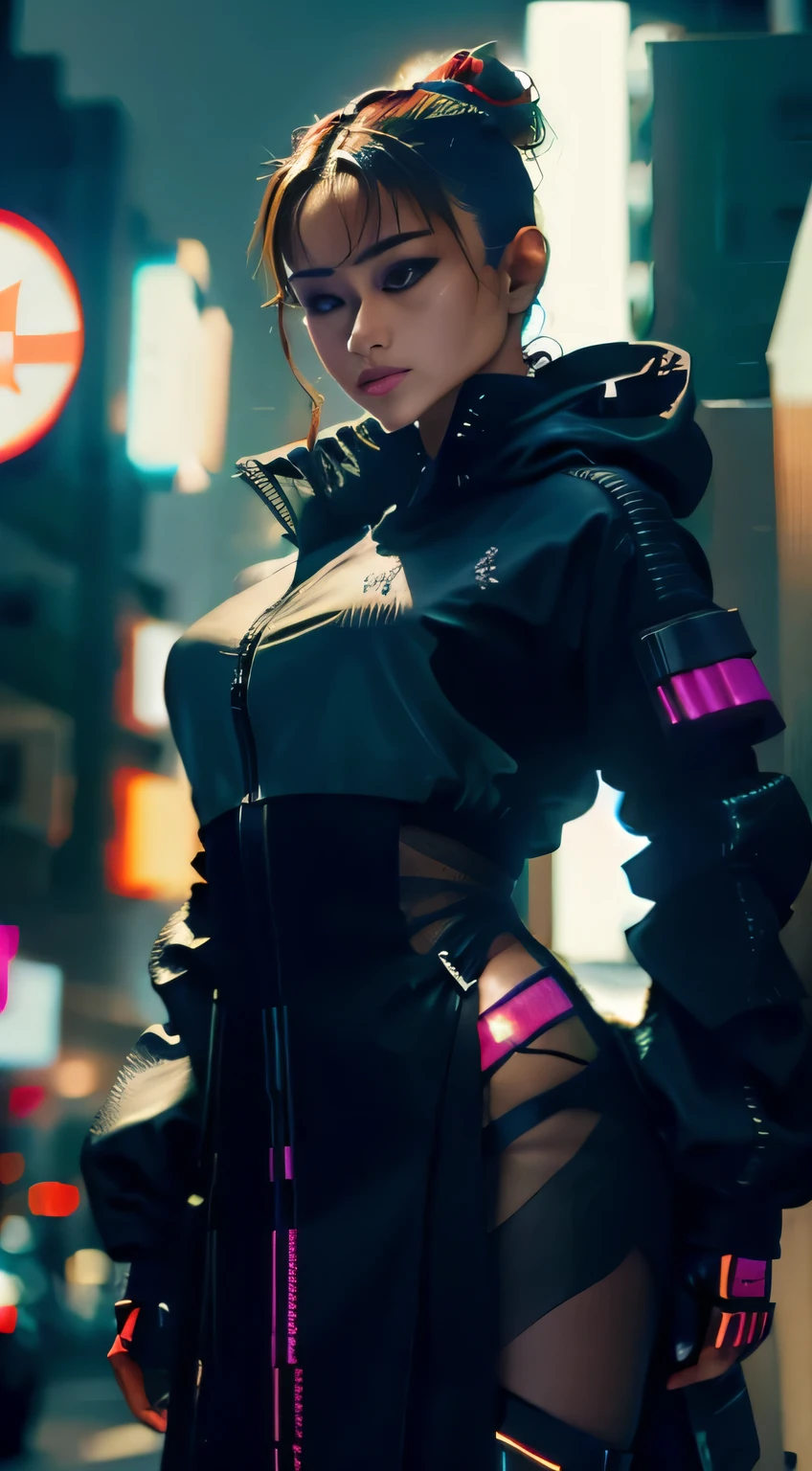 Intricately clad in cyberpunk streetwear, an individual dons outfits brimming with intricate designs, reflecting the neon-lit urban jungle backdrop. Fabric textures gleam with a futuristic sheen under the vibrant, contrasting hues of the surrounding environment. The pose exudes confidence, with each line and crease of the clothing meticulously rendered in 4K resolution.
A young woman, depicted in a breathtaking portrait, flaunts her beautiful features against a dark, floating background. Her outfit's vivid colors starkly contrast the surrounding midnight hues, giving the image a dramatically cinematic atmosphere. Each strand of her