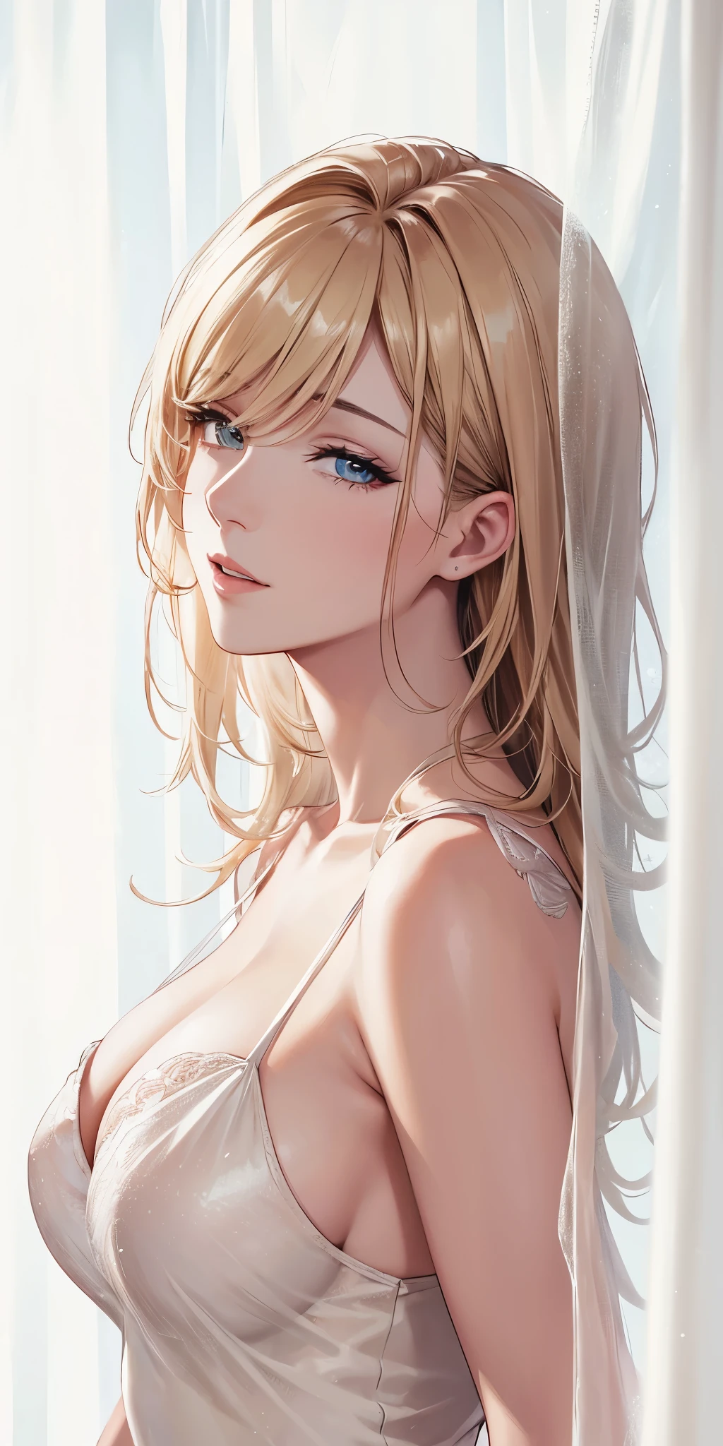 (best quality, highres), portrait, upper body, elegant type adult woman, brown eyes, long hair, swept-side bang, [[brown hair]], (blonde hair), beautiful eyes, transparent slip dress, see through dress, white curtain, soft light