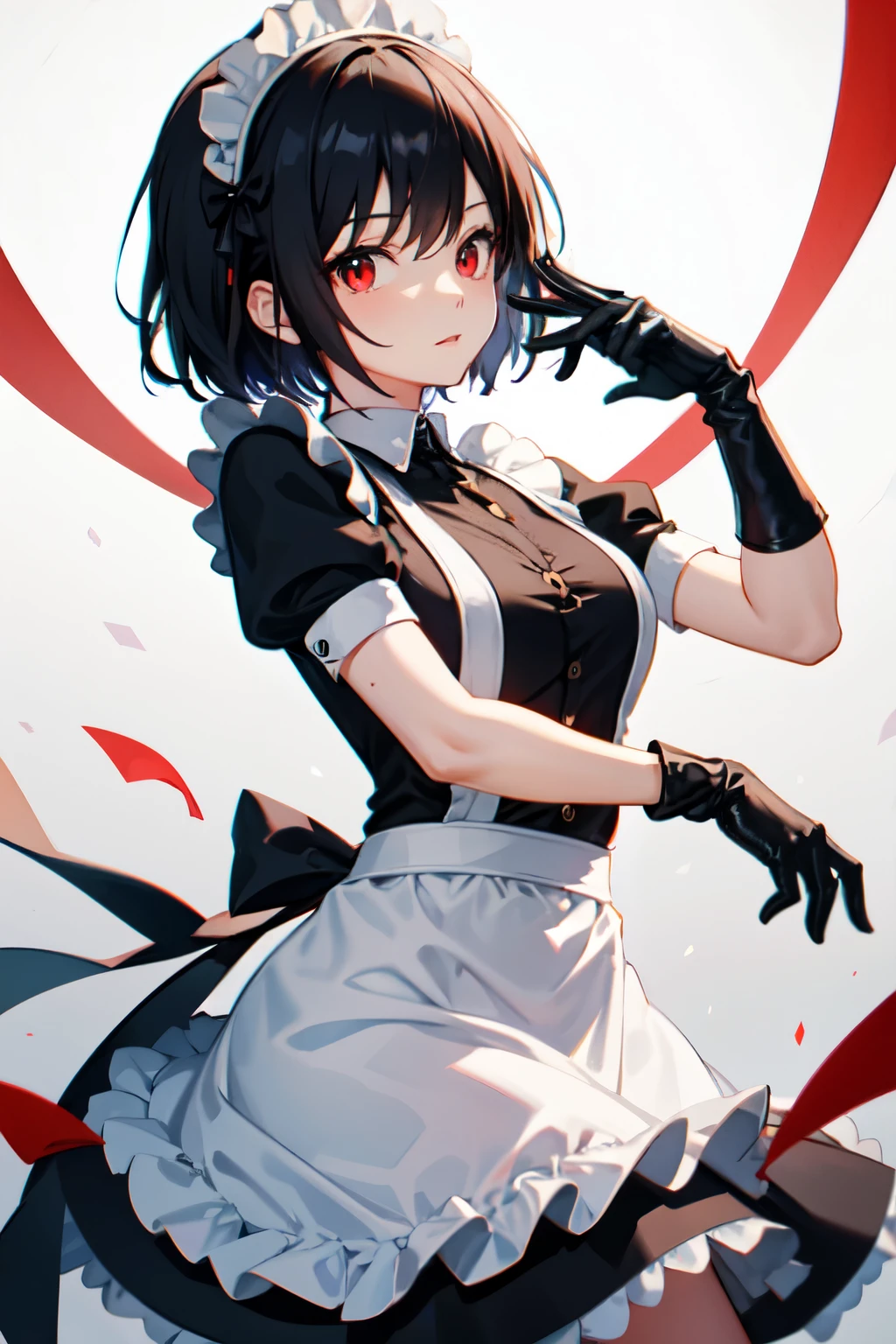 pixel maid woman red eyes black short hair and black top, white diadem, black arms and black gloves