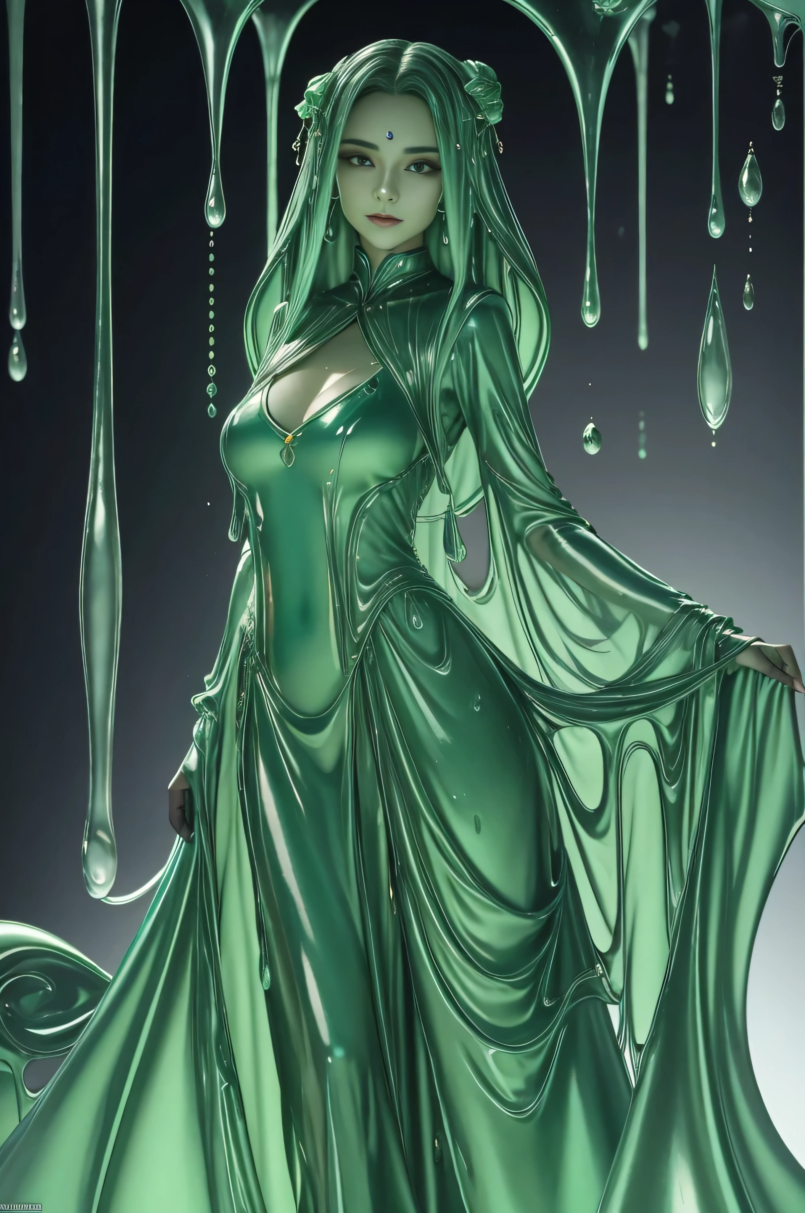 Description:
Verdantia is a captivating female character whose appearance is as mesmerizing as her mysterious nature. Her vibrant green slime body glistens under the light, with a texture that seems both liquid and solid, constantly shifting and undulating. Despite her unconventional form, there's an undeniable allure about her, drawing others in with an irresistible fascination.
Clothing Style:
Verdantia adorns herself in clothing that accentuates her unique features without revealing too much. She prefers a style that balances elegance with a hint of mystique. She often wears flowing garments that trail behind her, adding to her ethereal presence. Her attire consists of ensembles that are both fashionable and functional, allowing her to move gracefully through any environment.
Clothing Colors:
Verdantia's wardrobe predominantly features shades that complement her green slime form. She favors colors such as white, which contrasts beautifully with her verdant hue, accentuating her otherworldly appearance. Additionally, she occasionally incorporates touches of green, brown, or black into her attire, adding depth and sophistication to her ensemble , as a slime , girl