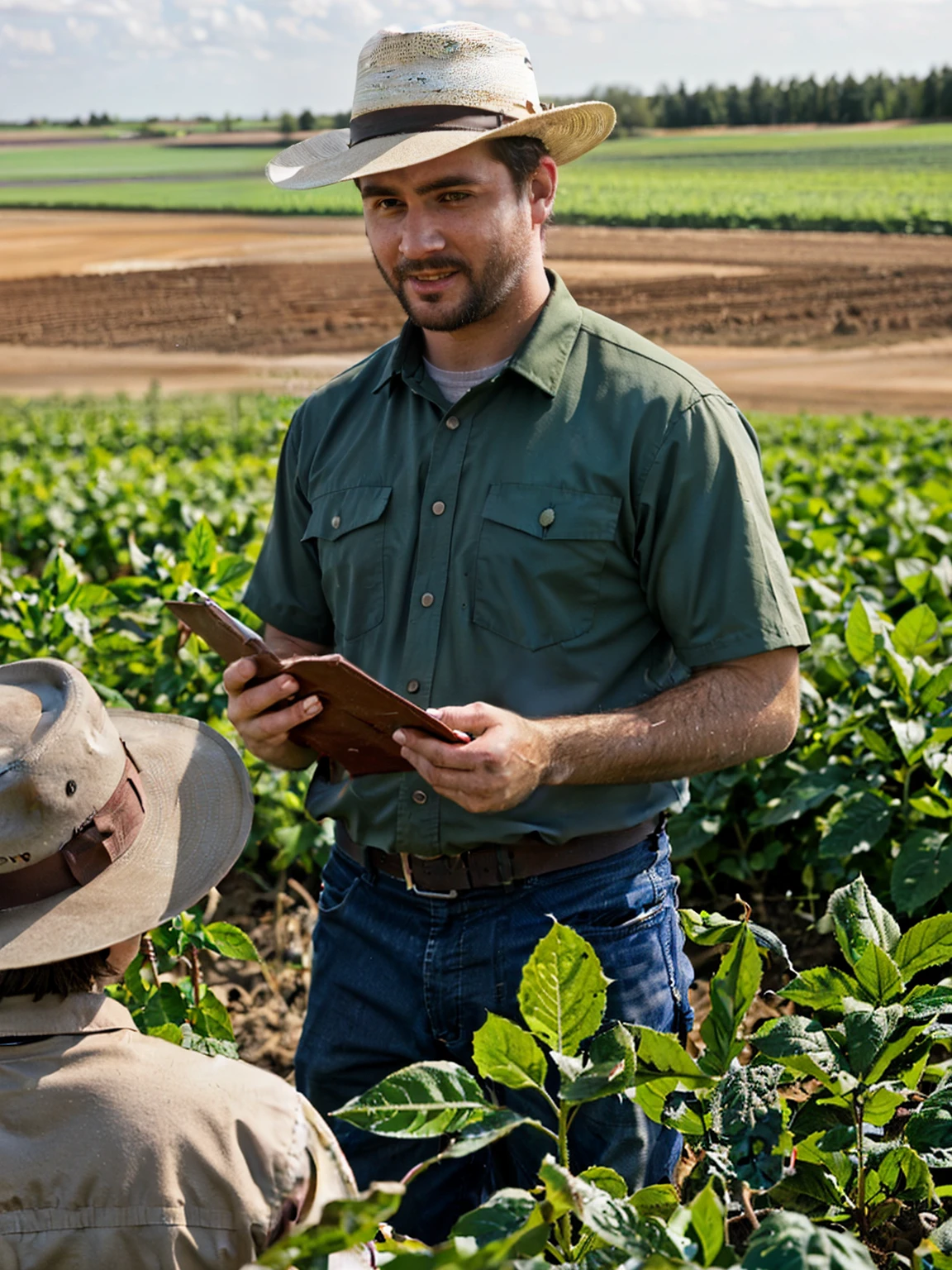 Photo of a male agronomist with hat teaching about soil to his students in the field 